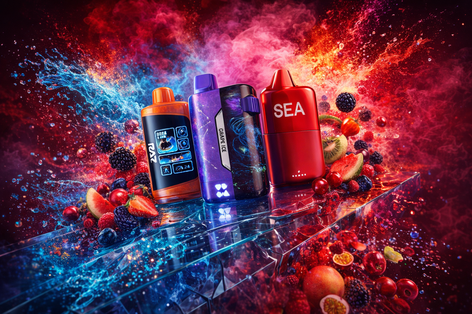 A trio of colorful vape devices—an orange 