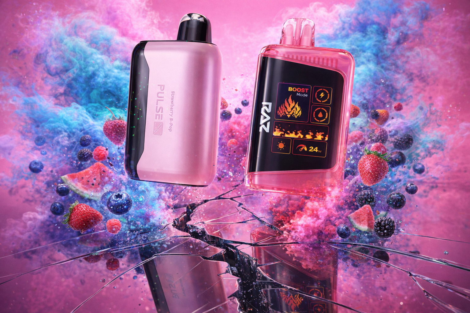 A vibrant product shot highlights two disposable vape devices, a solid pink 