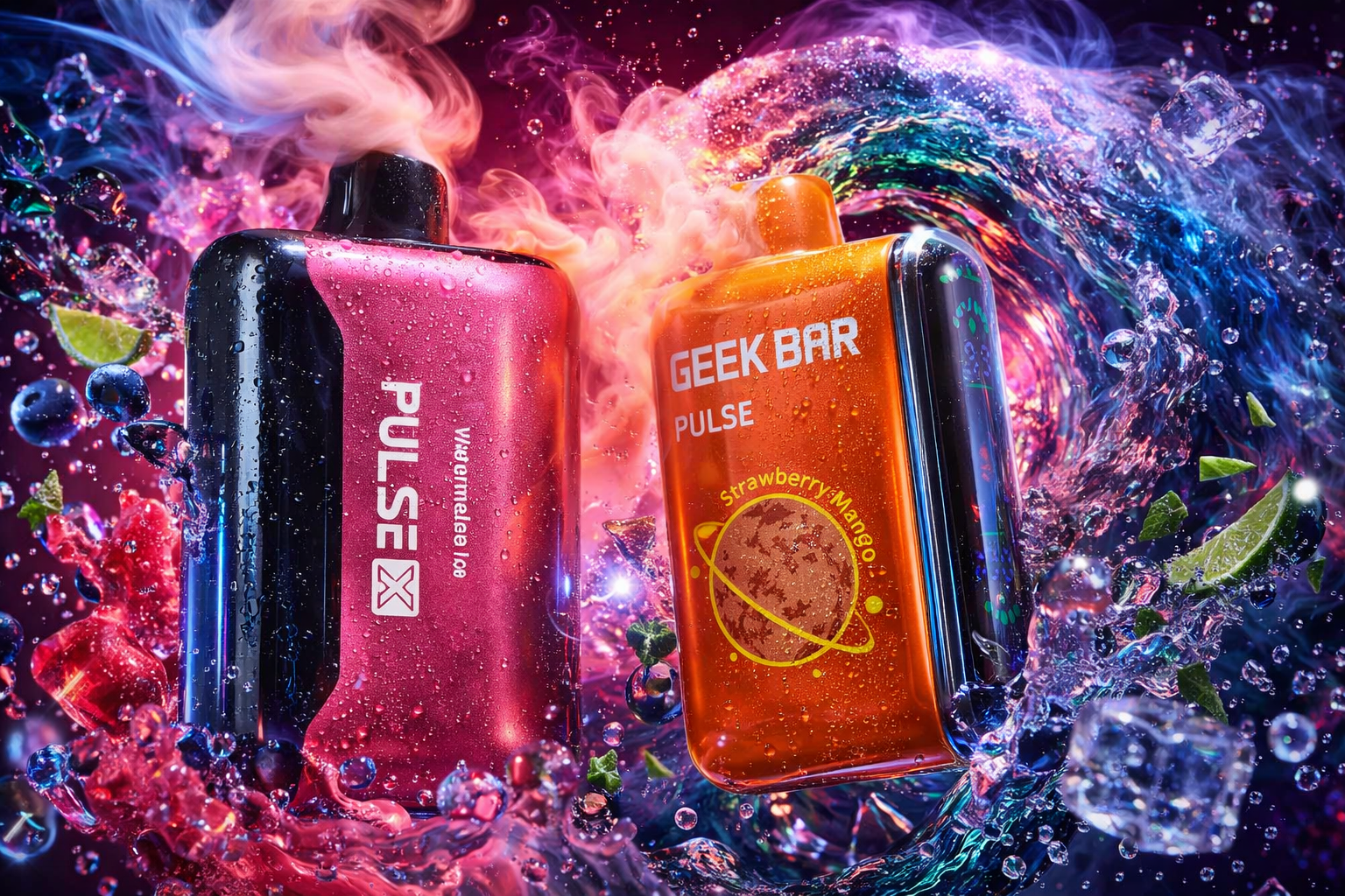 A dynamic digital illustration features two disposable vape devices covered in water droplets against a cosmic, swirling background of colorful vapor. On the left, a metallic pink and black 