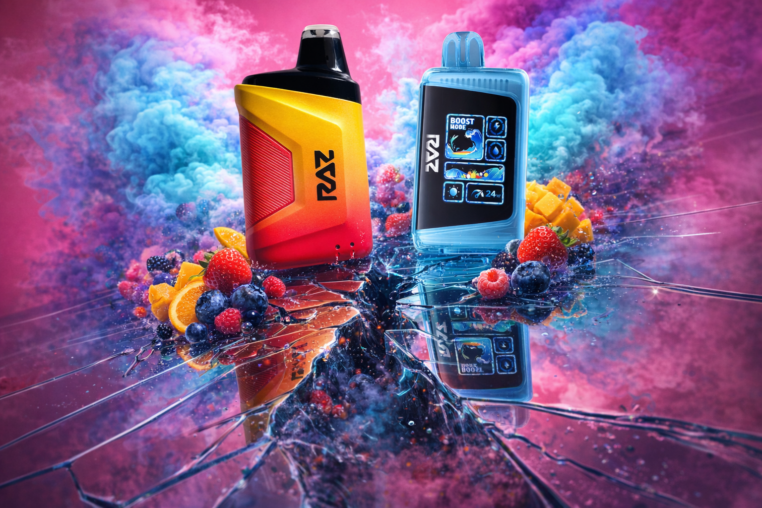 A vibrant product shot features two disposable vape devices from the brand RAZ, resting on a shattered, reflective surface. The left device is a red-to-yellow gradient 