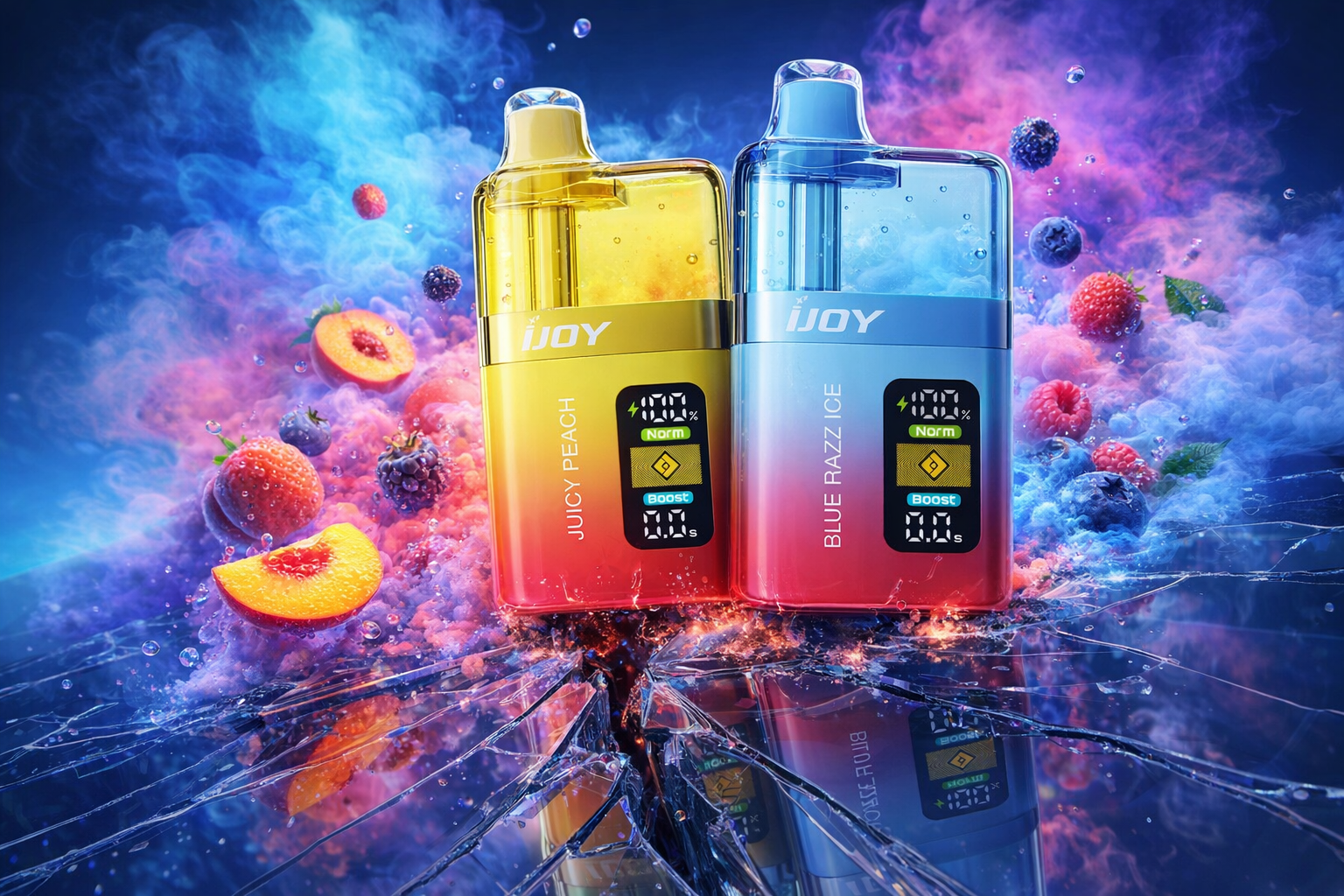 A vibrant product shot features two iJOY disposable vapes side-by-side on a deeply fractured mirror surface. The left device is a 