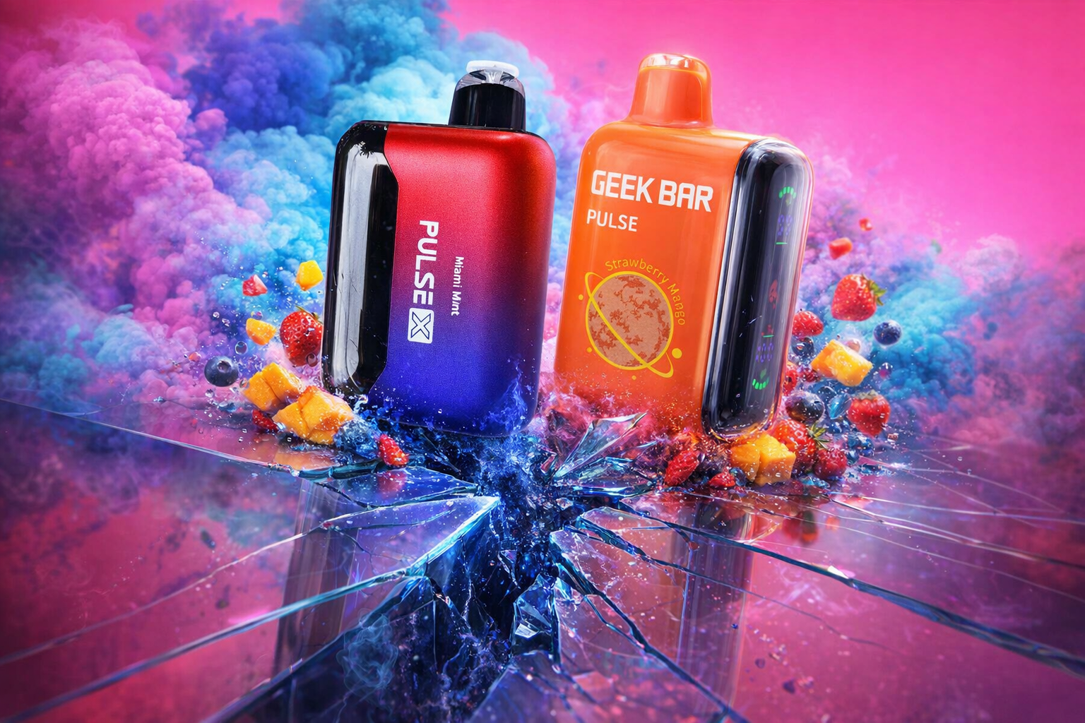 A dramatic product advertisement shows two Geek Bar disposable vapes resting on a fractured, reflective purple surface. On the left is a red-to-blue gradient PULSE X branded device labeled 