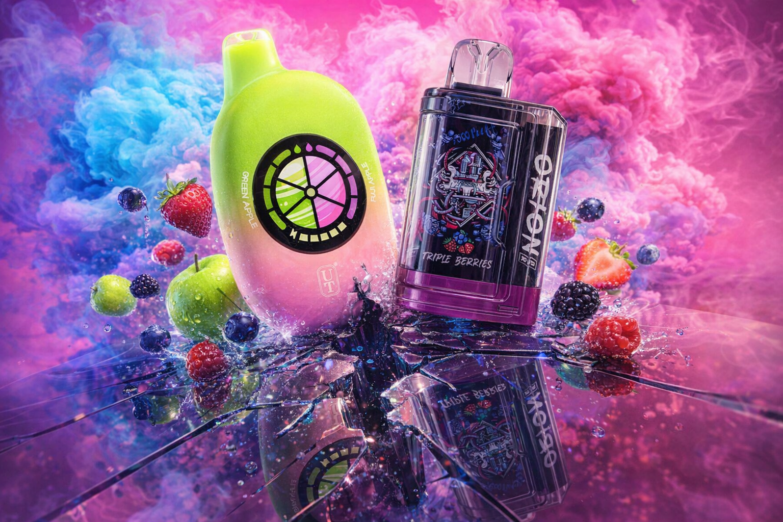 A vibrant product photograph shows two vape devices resting on a reflective, shattered glass surface against a backdrop of swirling pink and blue vapor. On the left, a lime-green and pale-pink device features a split circular dial and is surrounded by floating green apples, strawberries, and blackberries. To the right, a darker purple and black device is adorned with intricate, glow-in-the-dark graphics and is surrounded by floating raspberries and blackberries, both devices being reflected in the cracked glass.