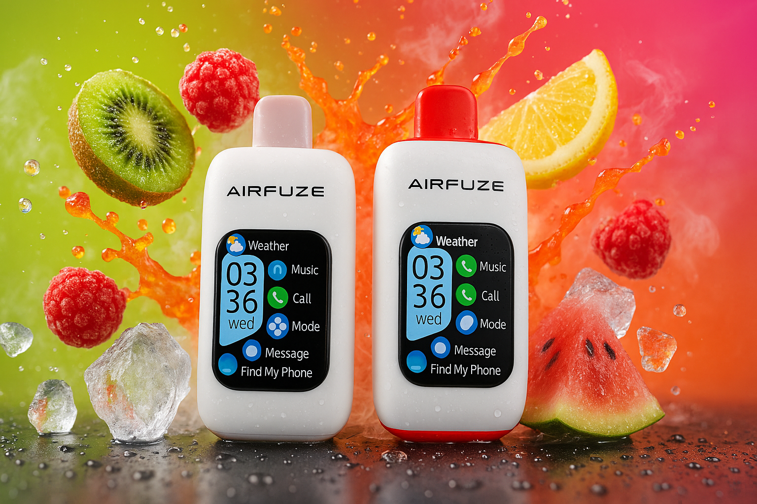 Two sleek, white smartwatches, one with a pink top and the other with a red top, are positioned amidst a vibrant splash of fruit and ice. The background features a lively gradient from green to orange, accentuating the freshness of the kiwi, raspberries, lemon slice, and watermelon wedge. Water droplets and ice cubes are scattered around the devices, enhancing the refreshing and energetic aesthetic.