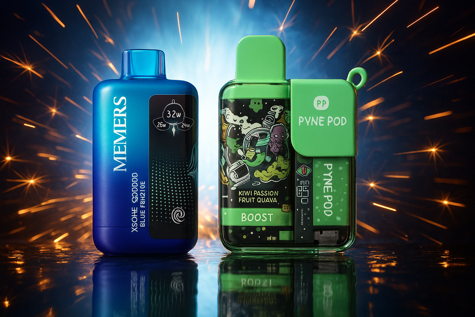 A product-focused image displaying two disposable vapes against a backdrop of golden sparkles. The vape on the left has a smooth, dark blue finish with a digital display. The vape on the right is a vibrant green with playful, cartoonish graphics and a clear section revealing internal components.