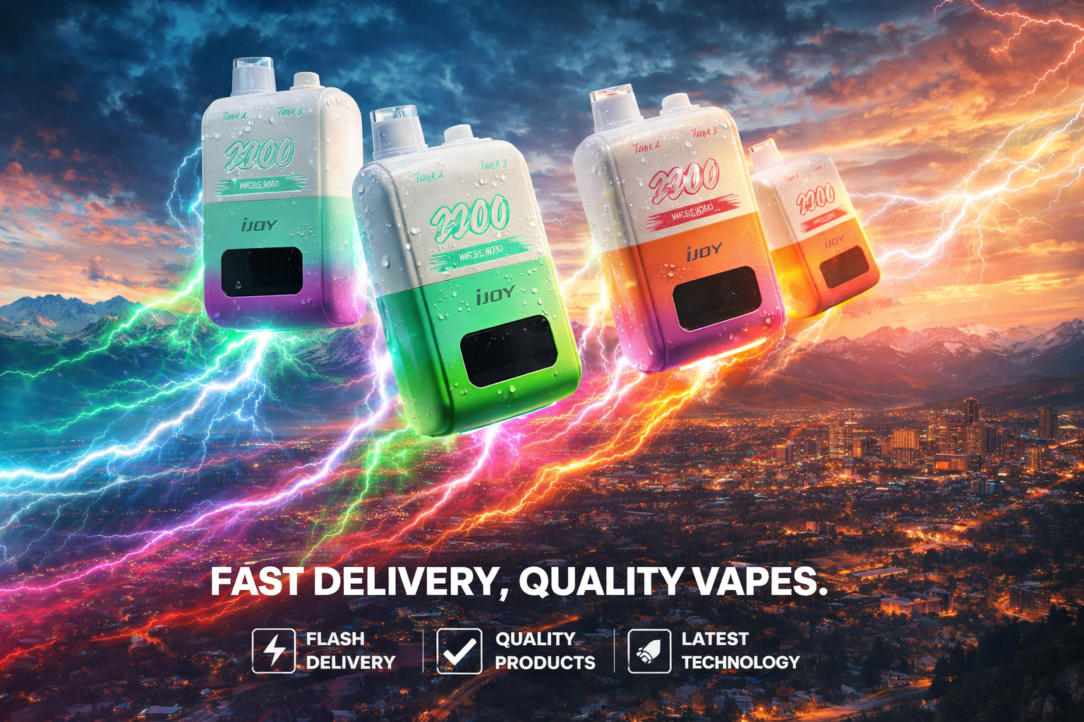 Four colorful iJOY disposable vapes soar above a city skyline, following massive arcs of multicolored lightning that illuminate the sky with vibrant energy. The devices are covered in realistic water droplets and appear to be racing through the air, creating a dramatic sense of speed, innovation, and motion. Bold promotional text highlights fast delivery and quality vape products, while icons emphasize rapid shipping, premium quality, and advanced technology.