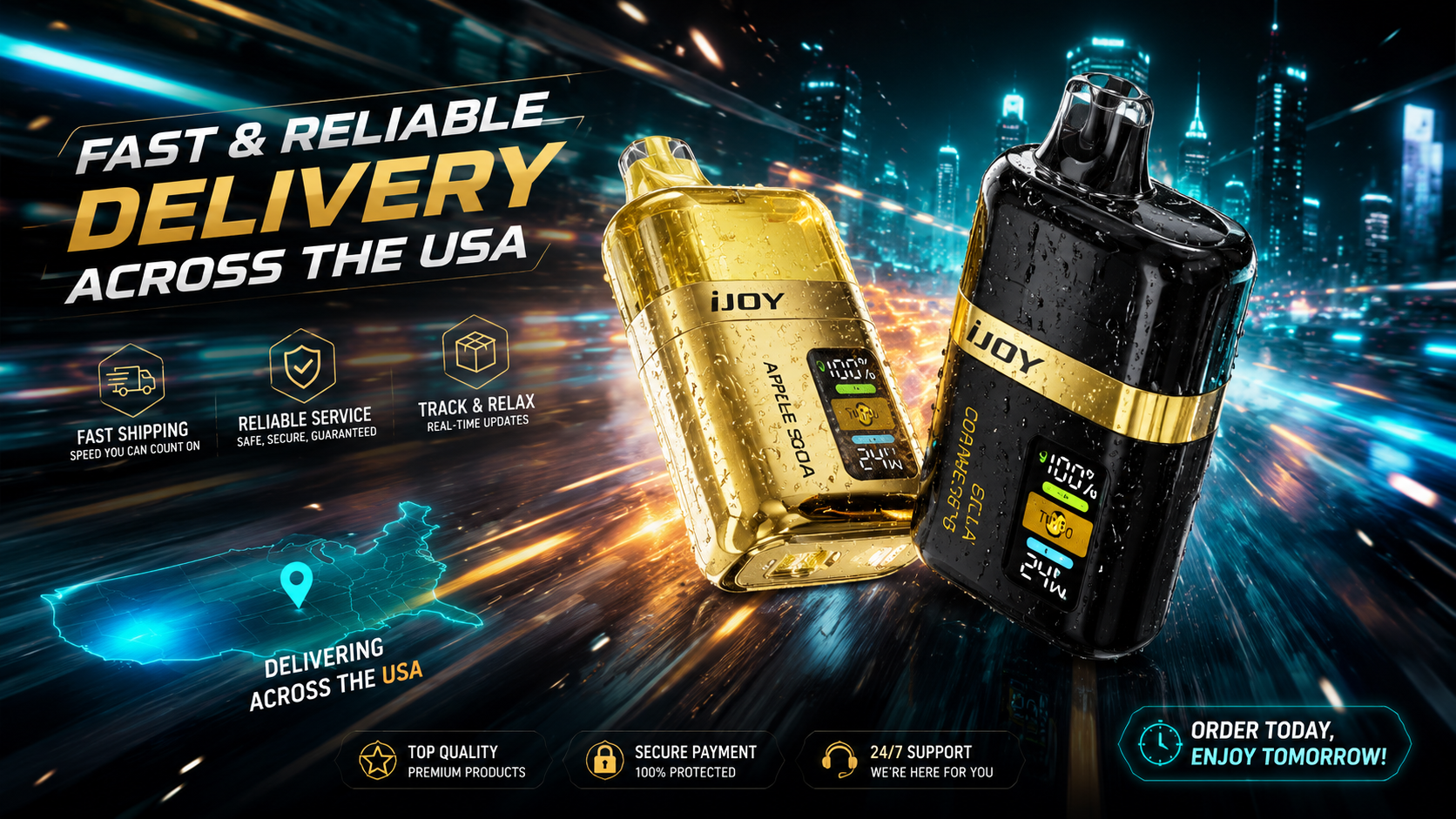 A premium promotional banner showcases two iJOY disposable vapes, one gold and one black, racing through a futuristic city filled with glowing blue lights and motion trails. The devices are covered with realistic water droplets, while bold text highlights fast and reliable delivery across the USA alongside shipping, security, and customer support icons. The dynamic background creates a sense of speed, technology, and premium service, emphasizing nationwide vape shipping and customer convenience.