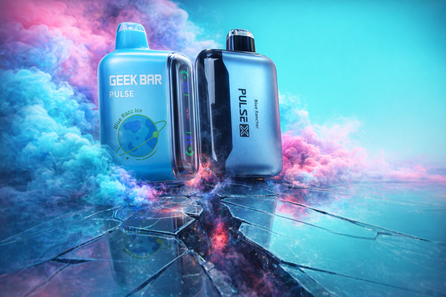 This promotional image features two Geek Bar Pulse devices, one in bright cyan (Blue Razz Ice) and another in metallic blue-grey (Blue Rancher), positioned on a dramatic surface of cracked and shattered glass. The scene is filled with dense, swirling clouds of pink and blue vapor that create a cold, ethereal glow against the teal background. Reflections of the devices and the colorful smoke are visible in the broken glass shards, emphasizing a sharp, futuristic aesthetic.
