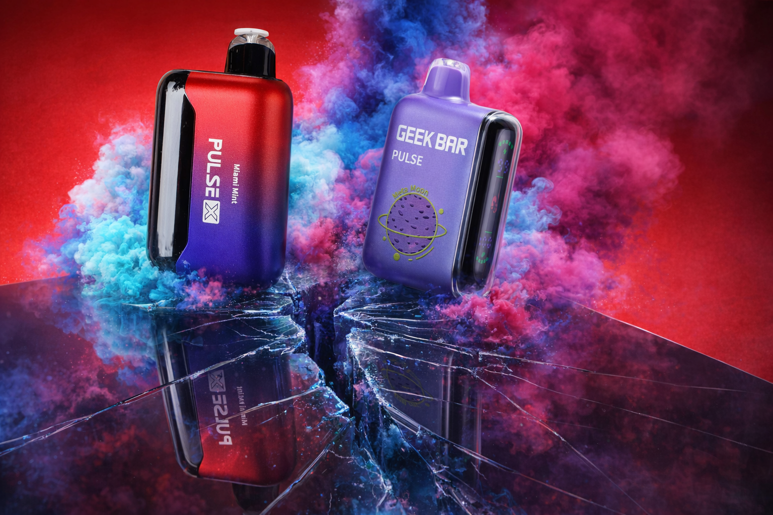Two Geek Bar Pulse disposable vapes, one in a red-to-purple gradient and the other in solid lavender, stand atop a dark, shattered glass surface. A thick explosion of magenta and cyan smoke billows behind the devices, creating a high-contrast backdrop against a deep red sky. The jagged cracks in the mirror-like floor capture clear reflections of the vapes and the vibrant, swirling clouds.