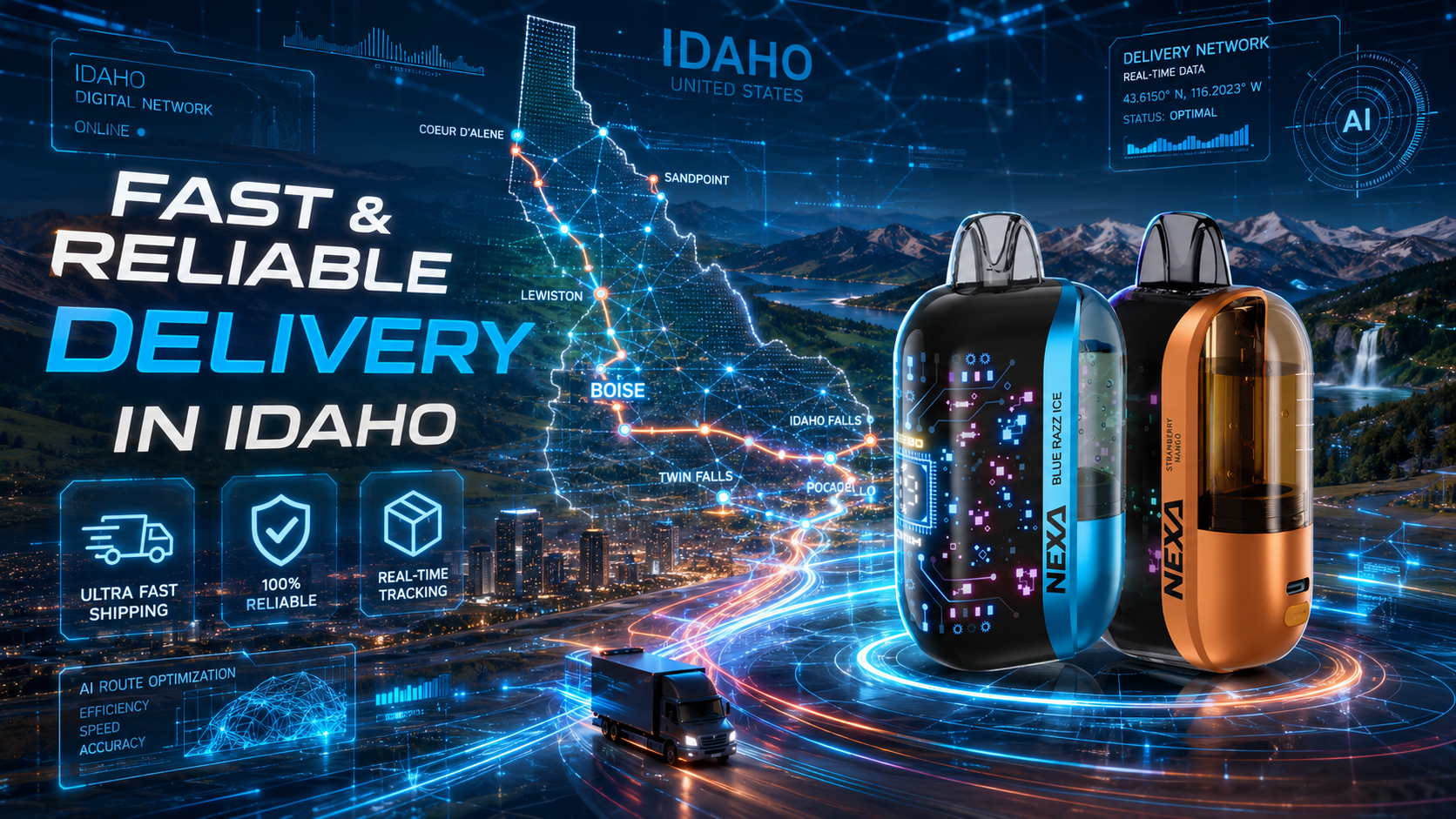 Two futuristic NEXA disposable vapes are showcased against a high-tech digital map of Idaho, featuring glowing network connections, AI-powered delivery graphics, and illuminated city routes. The scene combines advanced technology, real-time tracking visuals, and a nighttime mountain landscape to create a premium, innovation-focused advertising aesthetic. Bold promotional text highlights fast and reliable delivery in Idaho, emphasizing ultra-fast shipping, 100% reliability, and real-time package tracking.