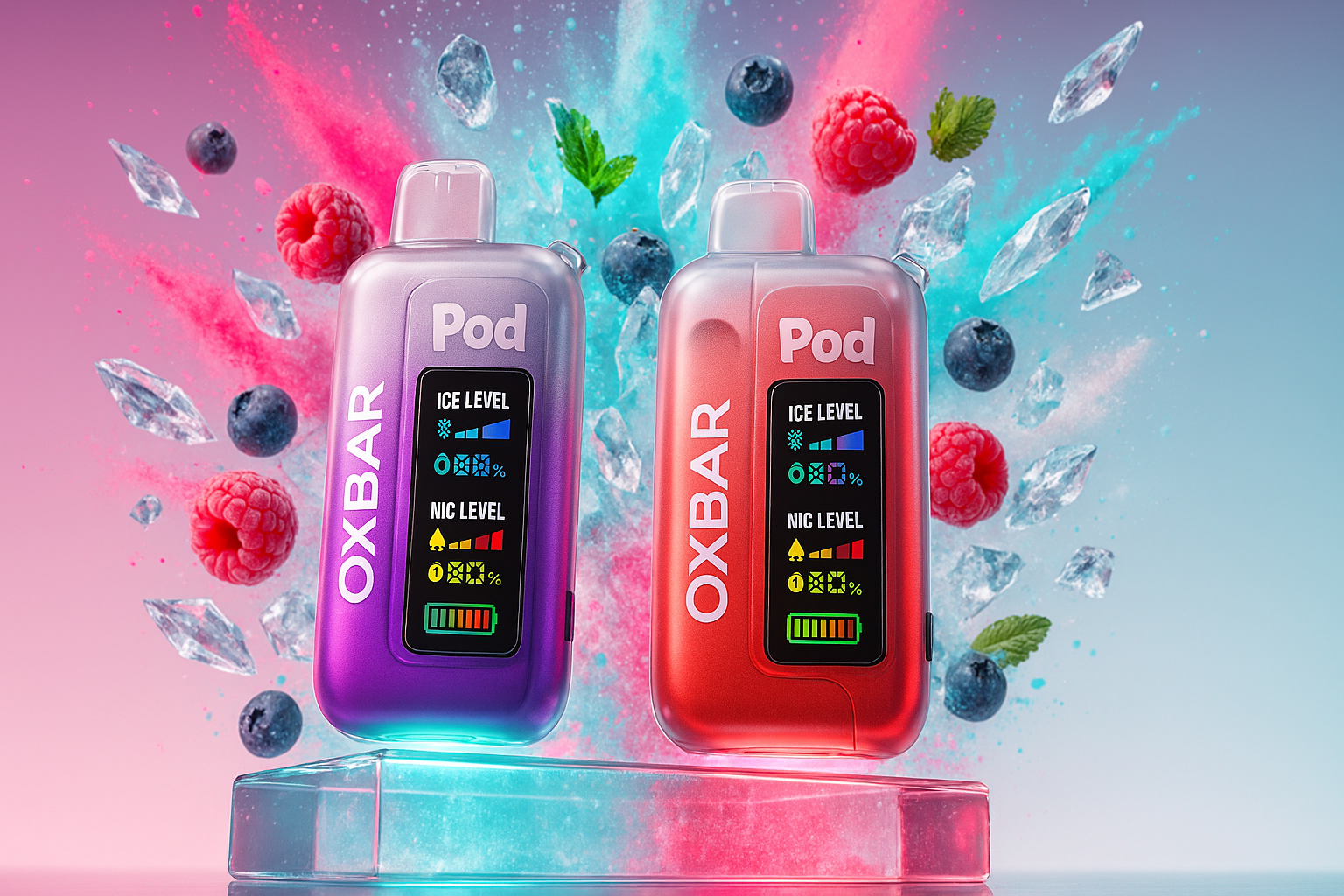 A bright and dynamic promotional image of two vape devices, one purple and one red, displayed on a clear, rectangular pedestal. The devices are surrounded by a colorful burst of blue and pink powder or smoke, with floating blueberries, raspberries, mint leaves, and ice shards.