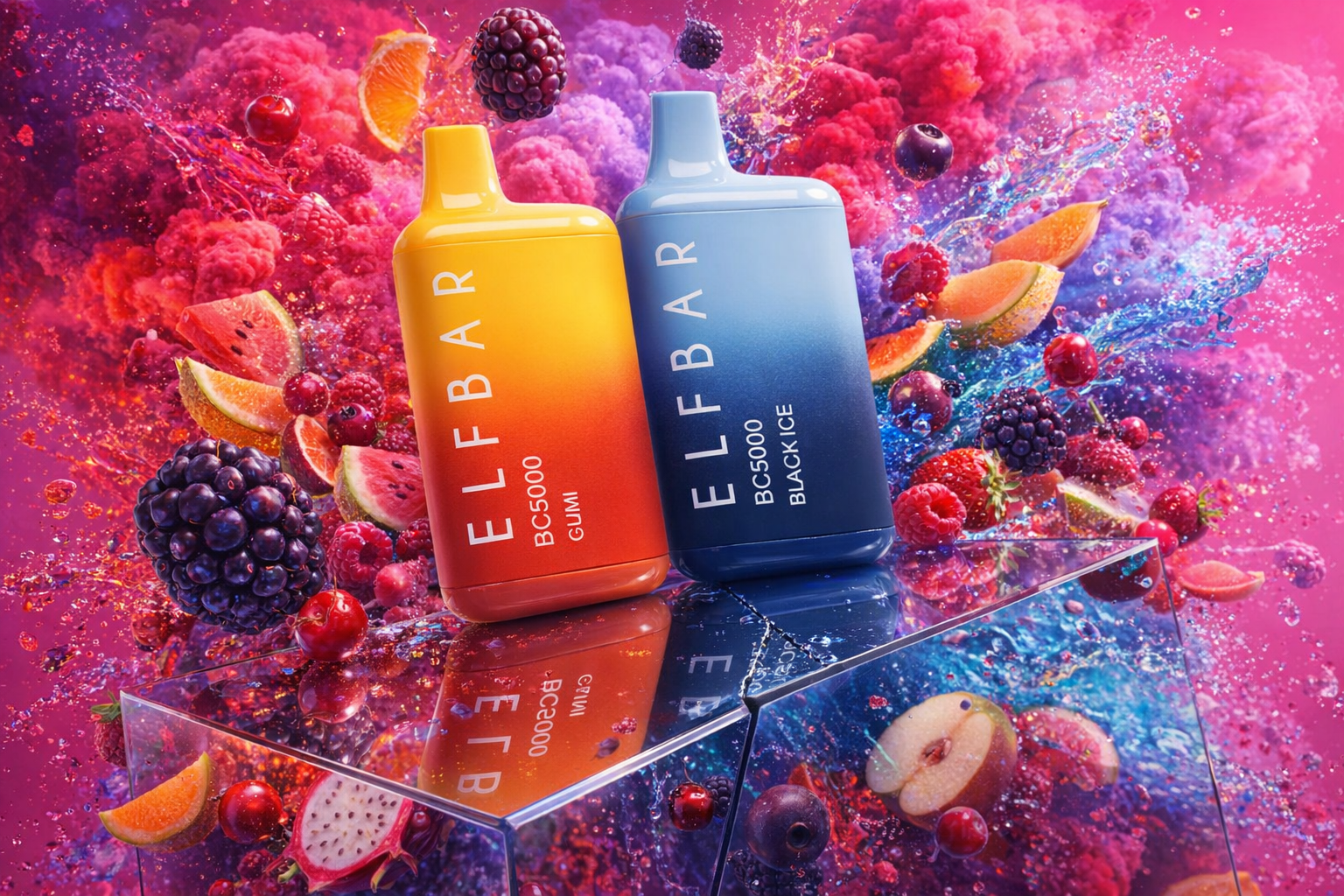 Two Elf Bar BC5000 vapes, one in a yellow-to-orange gradient and another in a blue-to-navy gradient, are perched on a reflective glass surface. They are surrounded by a dynamic explosion of water splashes and various fruits, including blackberries, strawberries, and watermelon slices. The background features a dense, swirling cloud of pink and purple vapor that enhances the high-energy, flavorful atmosphere of the image.