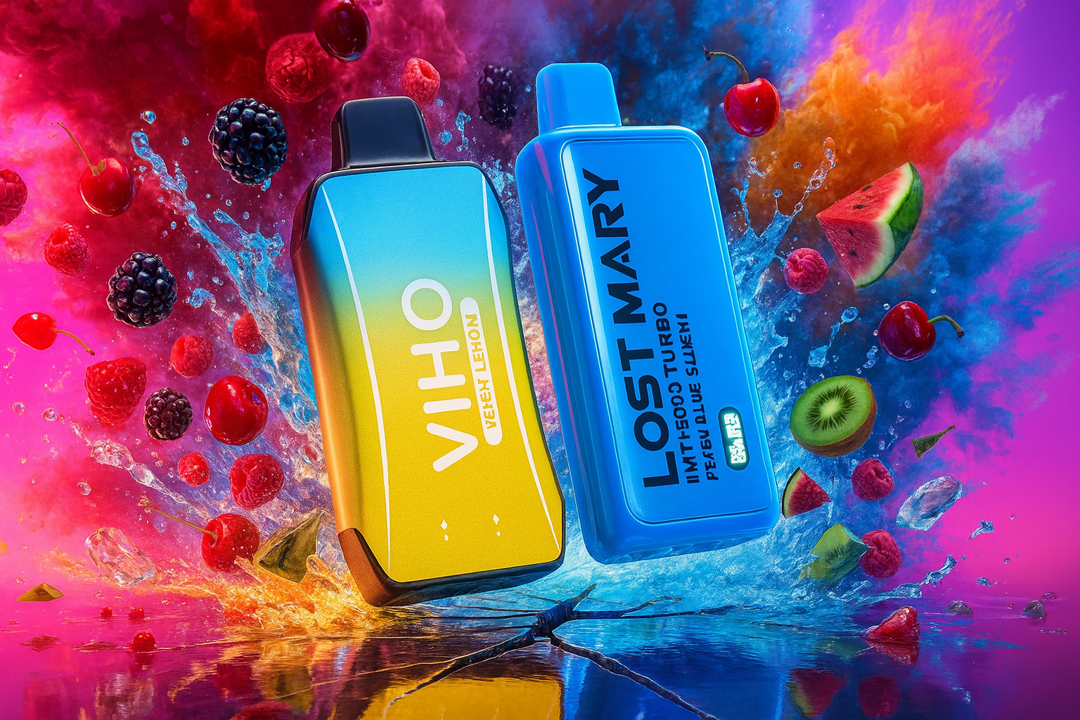 Two disposable vapes, branded VIHO and LOST MARY, are positioned in the center of a dynamic and explosive promotional image. The devices are surrounded by dramatic splashes of liquid and an array of flying fruits, including raspberries, blackberries, cherries, and kiwi slices. The background consists of a vibrant mix of pink, purple, and blue smoke, creating a high-energy and colorful atmosphere.