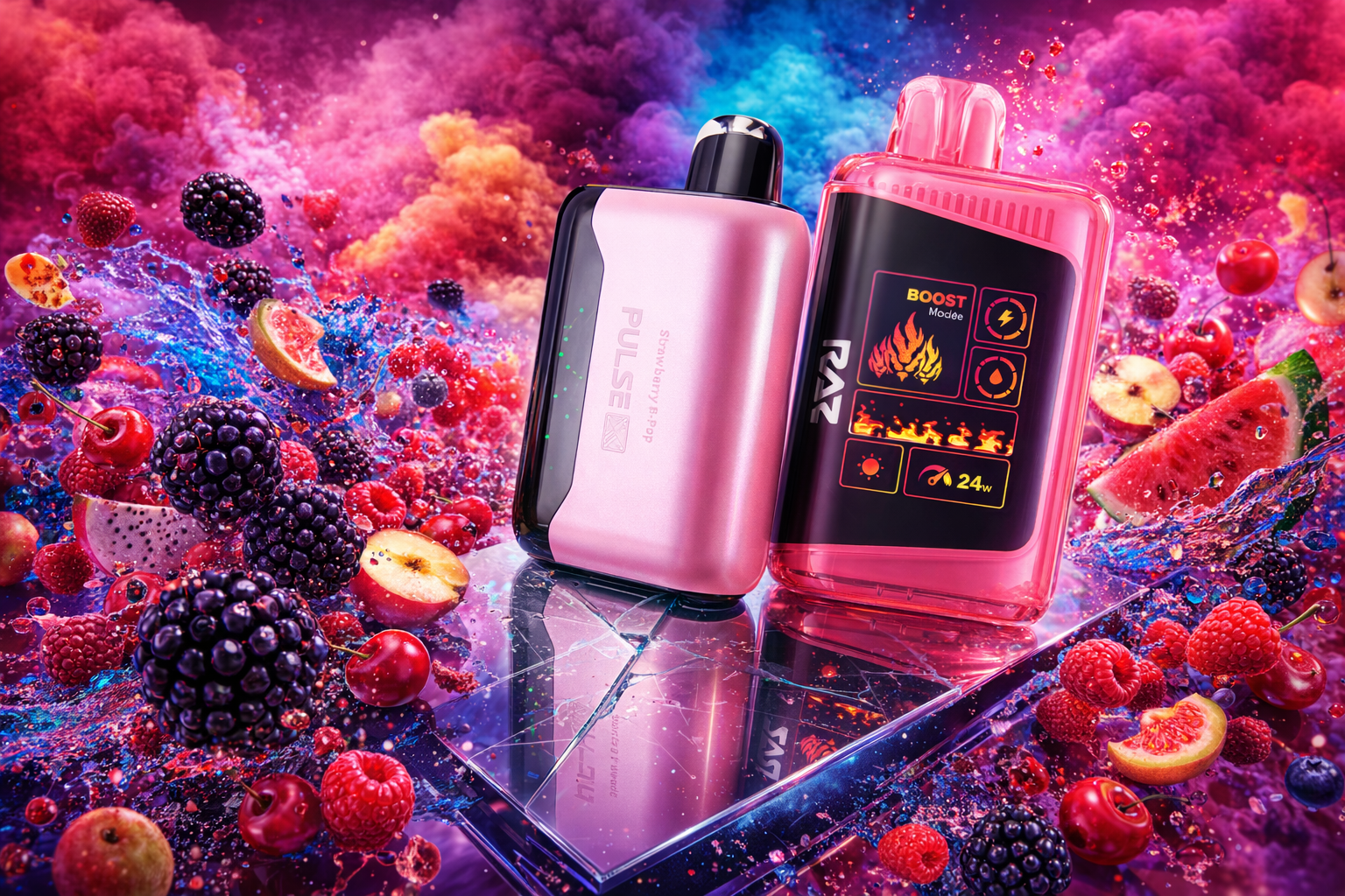 Two stylish disposable vapes, a metallic pink Geek Bar Pulse and a transparent pink RAZ device with a digital display, sit atop a shattered glass surface. They are enveloped in a high-energy burst of magenta and blue smoke, with water splashes and a variety of berries and sliced fruits flying through the air. The overall aesthetic is bold and cinematic, using vivid saturated colors to emphasize the intense strawberry and berry flavor profiles.