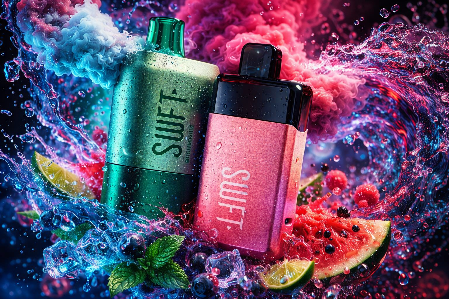 An artistic promotional image features two SWFT brand disposable vapes surrounded by an explosion of colorful liquids and fresh fruits. The vape on the left is a metallic green color with a matching transparent green mouthpiece, while the one on the right is a metallic pink with a black mouthpiece. They are nestled among splashing blue water, ice cubes, mint leaves, lime slices, blueberries, and a slice of watermelon under a cloud of vibrant pink and blue smoke.