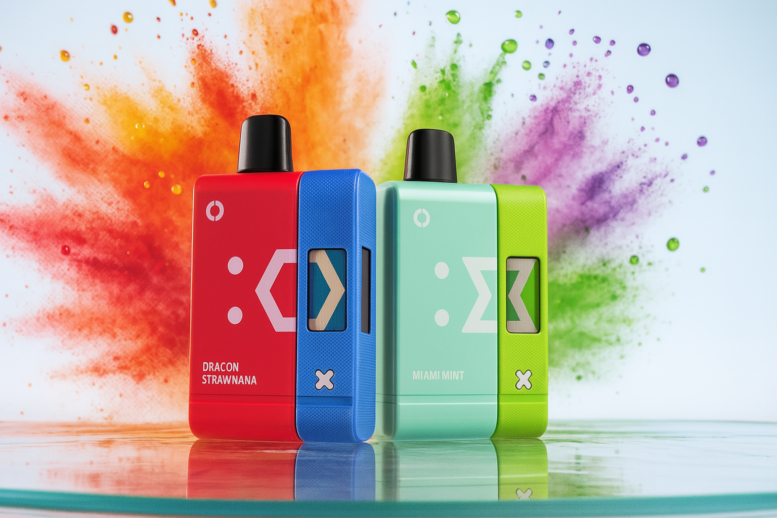 Two colorful, blocky vapes, one red and blue and the other mint green and lime green, are shown on a glass surface against a background of exploding, colorful powder.