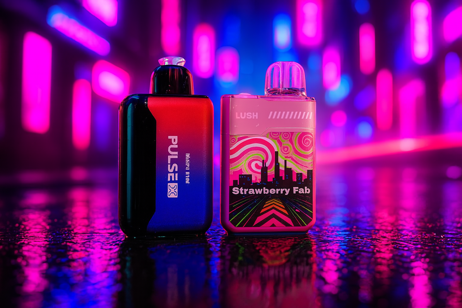 A striking product photo of two disposable vapes, a PULSE and a LUSH, set against a cyberpunk-style background. The scene is illuminated by neon lights in vibrant shades of pink, blue, and purple, reflecting on a wet, dark surface. The vivid lighting and urban aesthetic create a modern, dynamic atmosphere for the products.