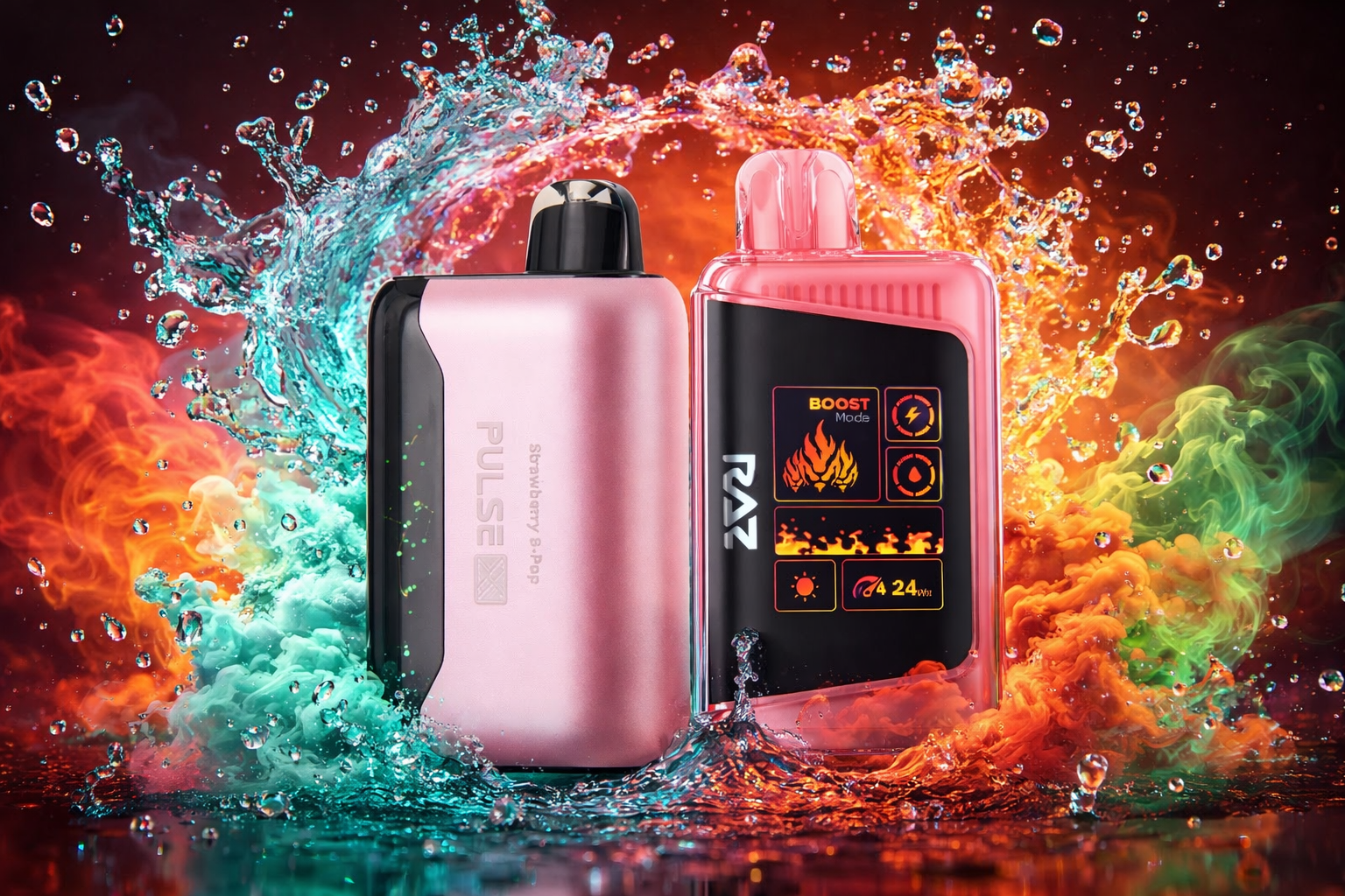 Two pink vaporizers, a Geek Bar Pulse X and a RAZ model, are positioned together amidst a dramatic collision of fire and water. The RAZ device features a large digital display showing a 