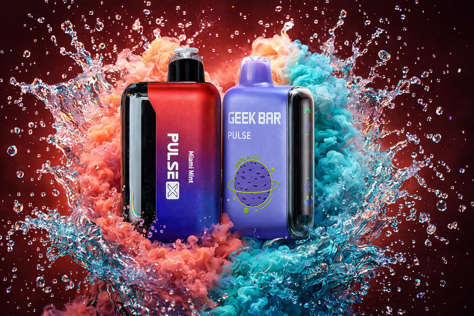 A vibrant, dynamic studio shot displays two disposable vape devices positioned centrally. On the left is a red and blue gradient Geek Bar Pulse X labeled 
