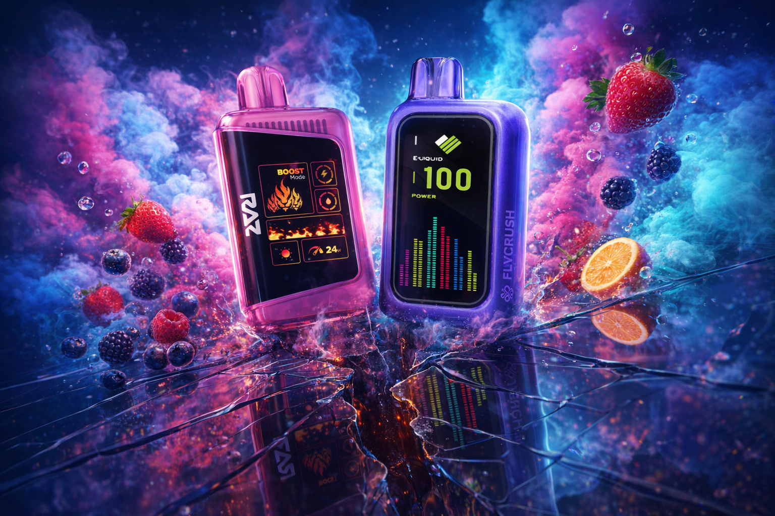 An eye-catching digital graphic features two vibrant disposable vapes, one pink and one purple, set against a dynamic backdrop of swirling colorful smoke and splashing water. Fresh strawberries, blueberries, and orange slices float around the devices, emphasizing a fruity flavor profile. Both vapes showcase glowing digital screens with modern interfaces, all resting on a reflective, cracked glass surface that enhances the high-energy aesthetic.
