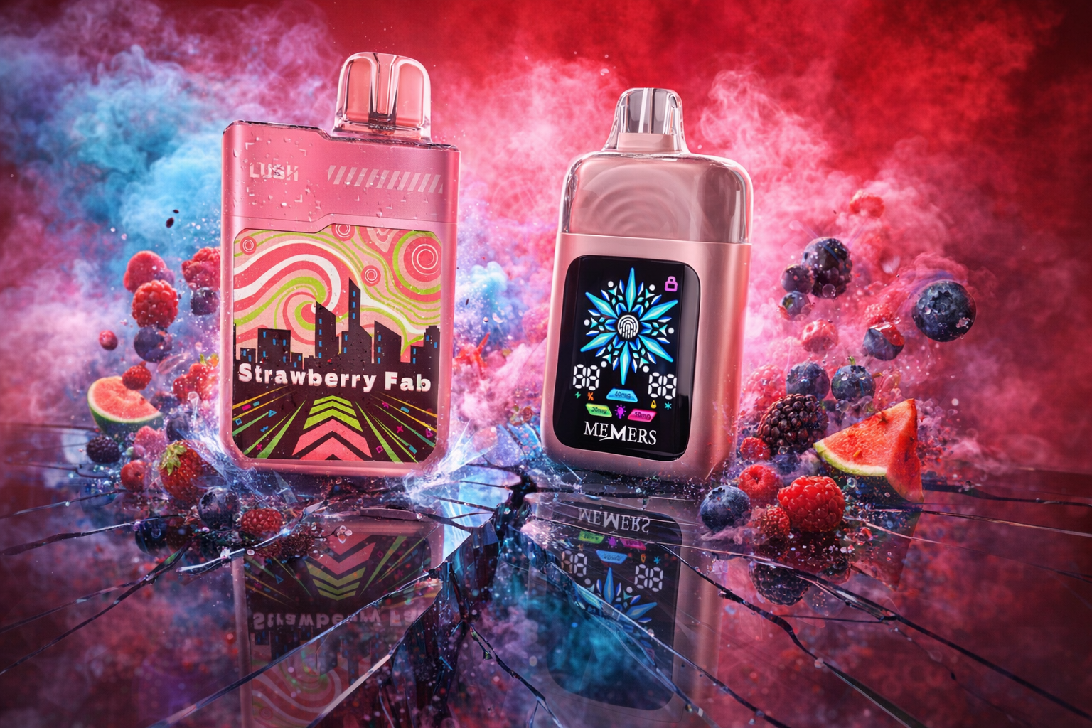 Two sleek, metallic pink vape devices stand prominently on a dark, shattered glass surface that reflects their colorful designs. The device on the left features a 