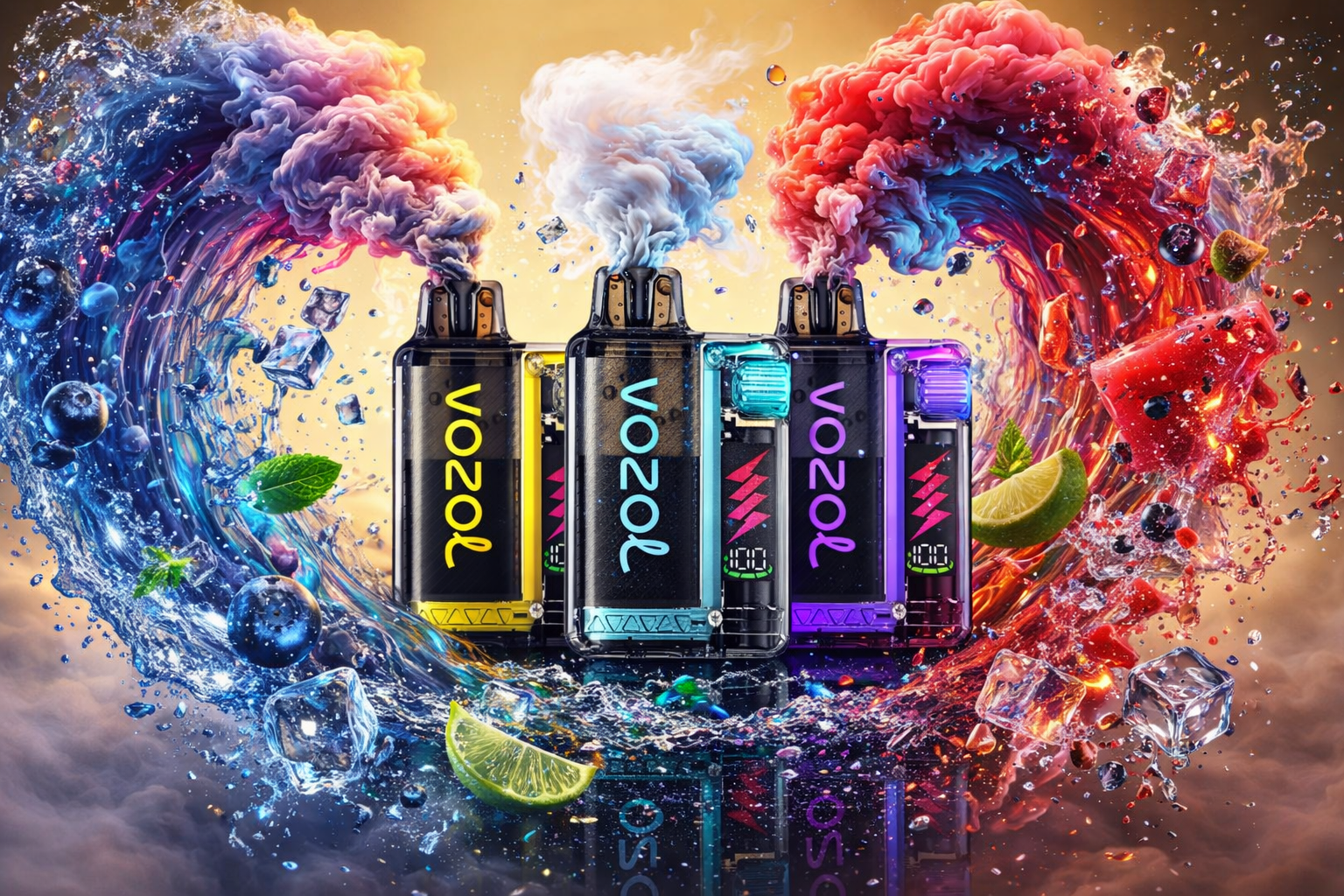 Colorful Vozol disposable vape devices stand in the center of dramatic swirling waves made of smoke, water, ice, and glowing neon energy. Bright fruit elements like lime, watermelon, blueberries, and mint leaves explode around the vapes, creating a vibrant flavor-inspired atmosphere. Thick clouds of red, blue, and white vapor rise above the devices, giving the image a futuristic luxury vape advertisement style.