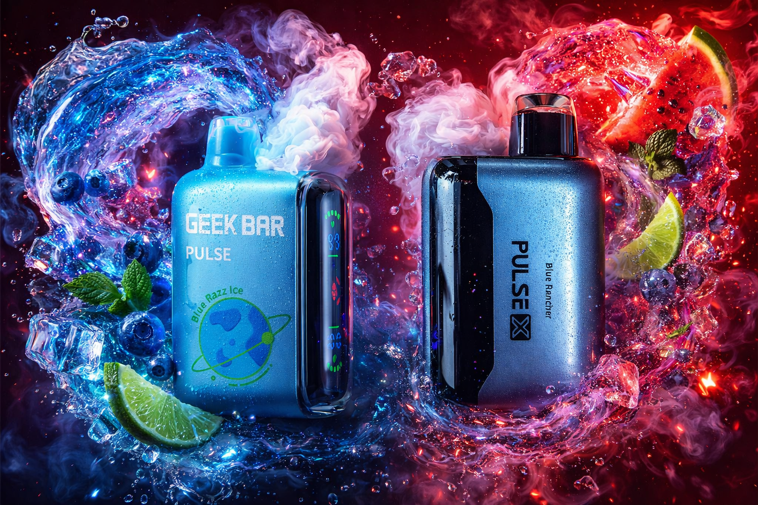 Bright Geek Bar Pulse disposable vapes surrounded by colorful clouds of vapor, frozen ice cubes, blueberries, watermelon, mint leaves, and lime slices. The image highlights vibrant Blue Razz Ice flavors with futuristic vape devices glowing against a dramatic red and blue neon background. Dynamic smoke effects and splashing liquid create an energetic atmosphere that emphasizes premium disposable vapes and modern vape technology.