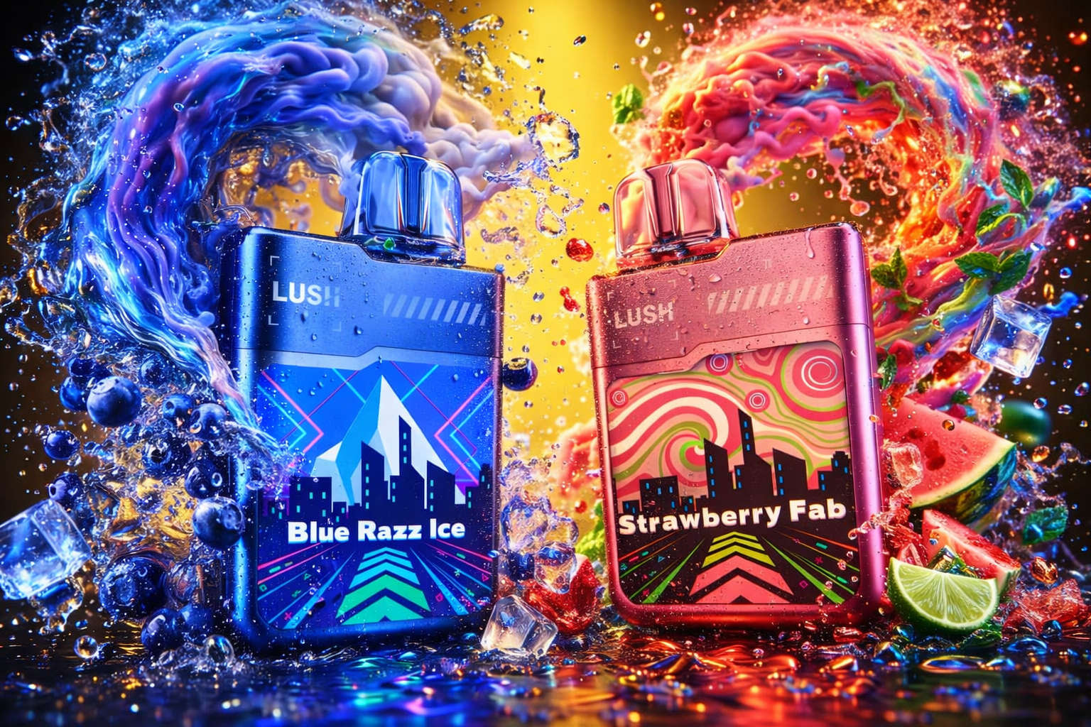 This dynamic promotional image features two metallic vape devices by LUSH, positioned side-by-side in a dramatic, splashing splash. On the left, a blue 