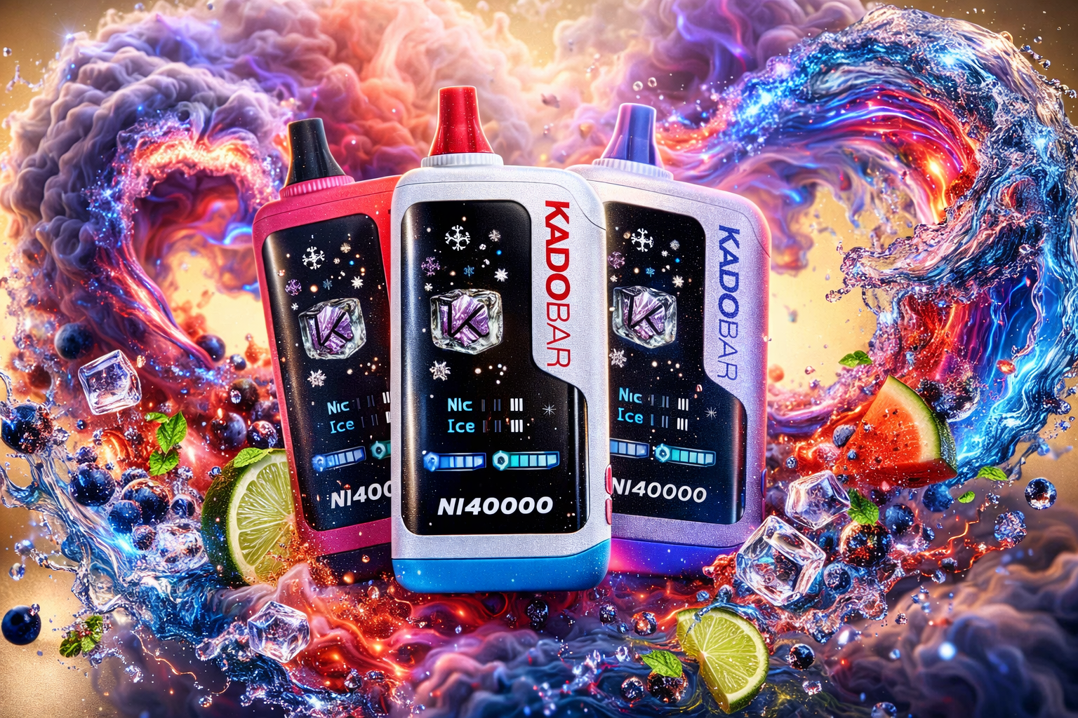 Three Kadobar NI40000 disposable vapes in pink, white-and-blue, and purple are showcased in a dynamic, centered arrangement. The devices feature digital screens displaying battery and e-liquid levels beneath a starry, snowflake-filled graphic with a glowing ice cube. Surrounding them is an energetic explosion of swirling colorful smoke, splashing water currents, ice cubes, and fresh fruit slices like limes, watermelons, and blueberries.