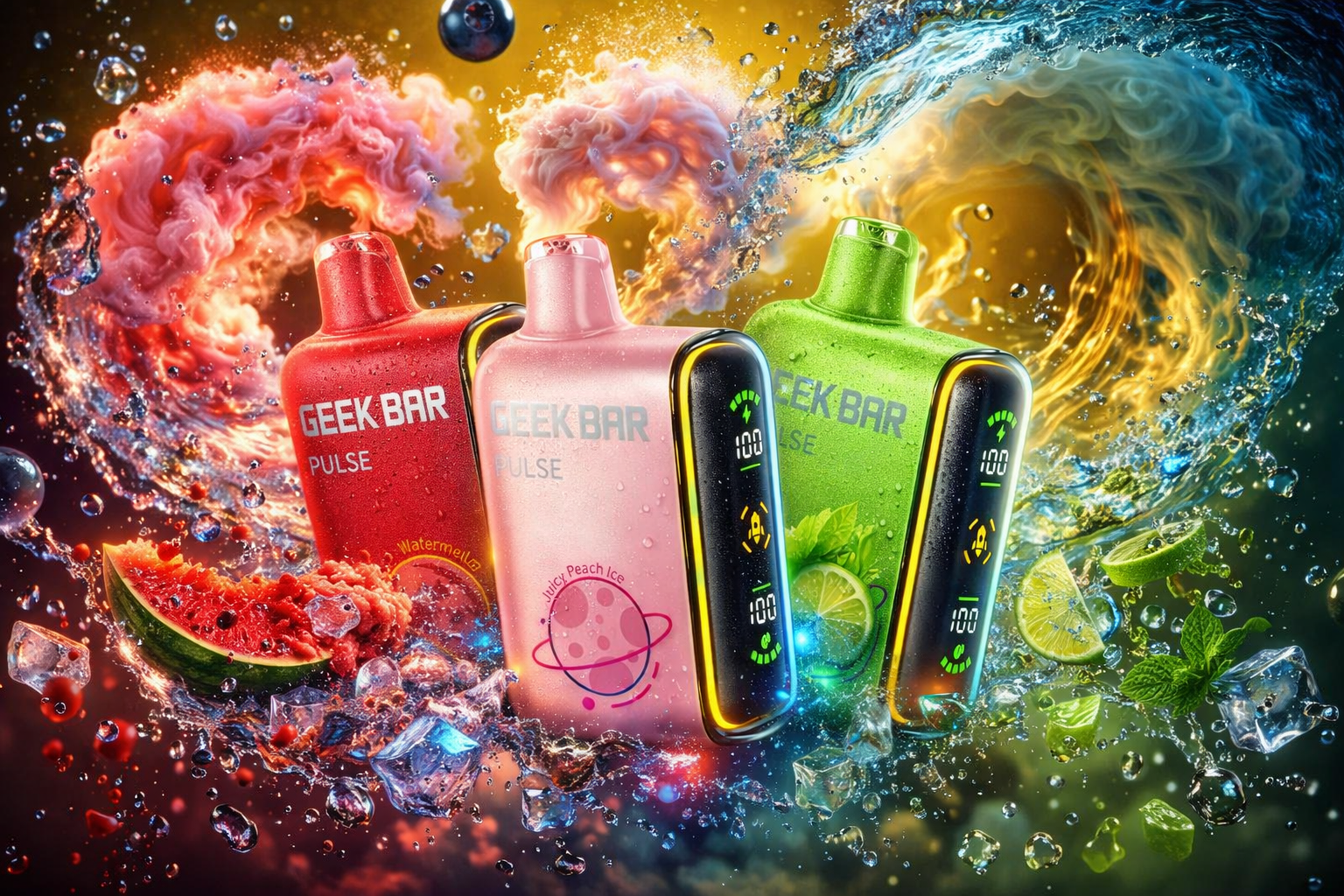 This vibrant image showcases three Geek Bar Pulse vape devices in red, pink, and lime green colors lined up against a dramatic backdrop of swirling colored vapor and splashing water. The pink and green models feature prominent side screens displaying illuminated digital readings of 