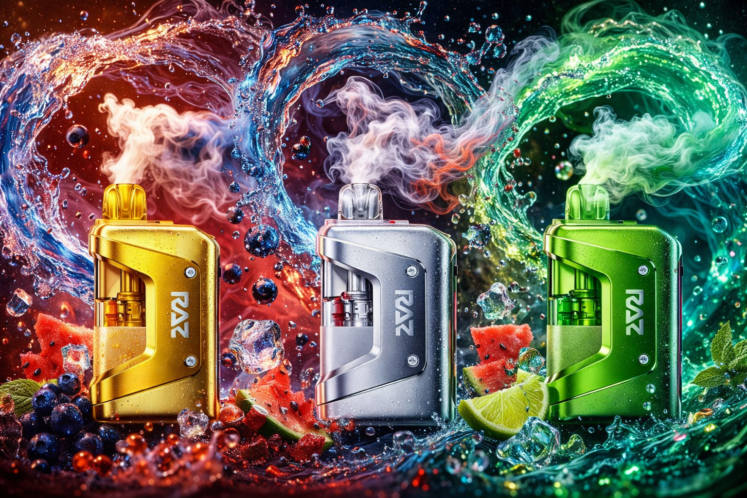 Three colorful RAZ vape devices in gold, silver, and green are surrounded by swirling vapor, splashing water effects, fruit pieces, and glowing neon colors. The futuristic scene features watermelon, lime, berries, and ice cubes creating a vibrant and energetic vaping atmosphere. Bright smoke trails and dynamic lighting highlight the modern disposable vape designs against a dramatic dark background.