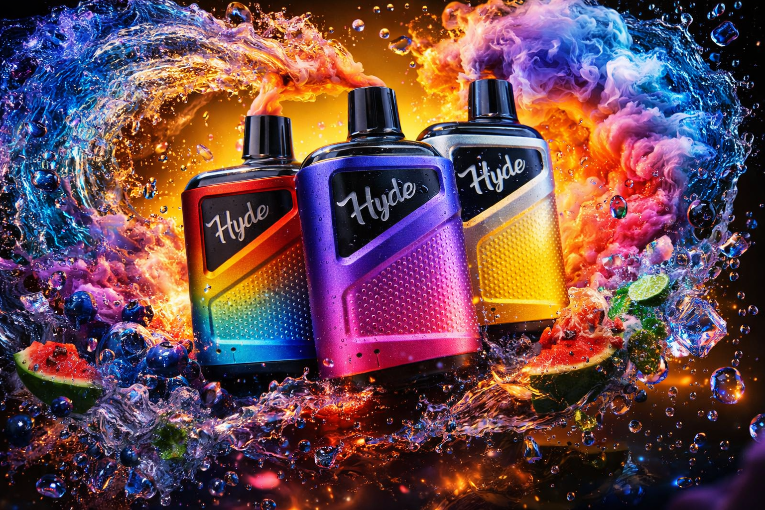 This energetic image displays three Hyde disposable vape devices in a row, featuring rainbow, purple-to-pink gradient, and silver-and-yellow color schemes. Explosive, swirling waves of multi-colored water and colorful vapor clouds erupt around the devices against a glowing amber backdrop. The scene is filled with a dynamic splash of fresh fruit, including watermelon slices, scattered blueberries, a lime wedge, and glistening ice cubes.