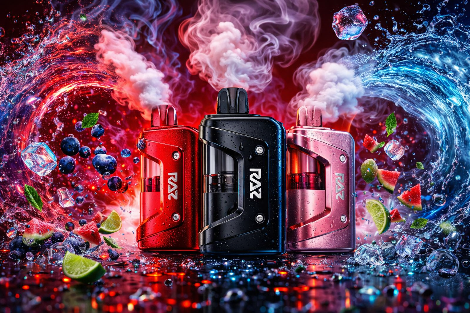 Three colorful RAZ vape devices stand surrounded by vibrant smoke, splashing water, ice cubes, and fresh fruit elements in a dramatic neon atmosphere. The image combines red, blue, and pink energy waves with berries, watermelon, lime, and mint to highlight refreshing vape flavors and modern disposable vape design. Bright lighting effects and futuristic visuals create a premium scene focused on flavor variety, innovation, and high-performance vaping products.