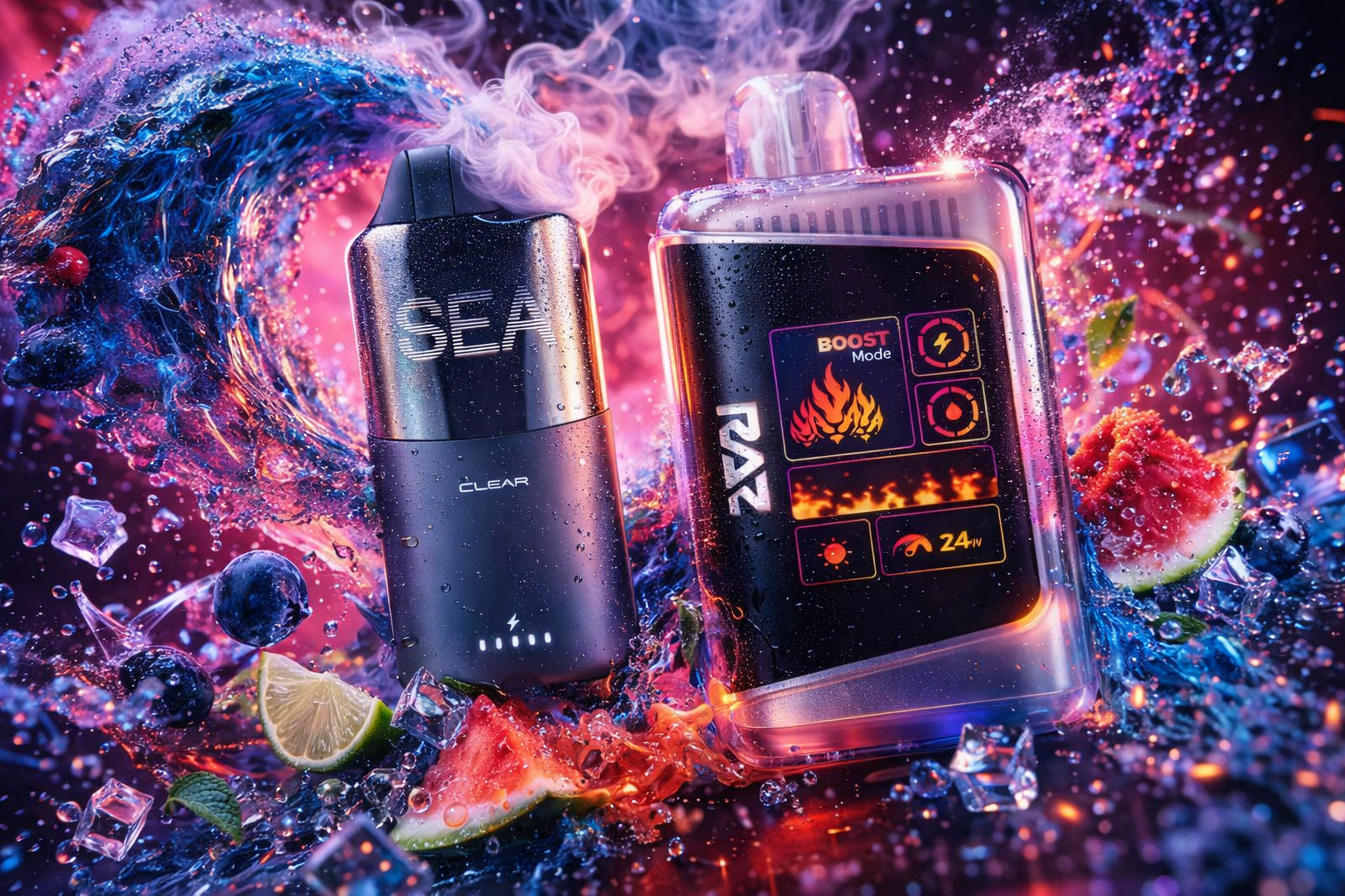 An action-filled promotional image features two different disposable vapes positioned amidst explosive splashes of liquid, ice cubes, and wisps of smoke. On the left, a sleek matte black vape labeled 
