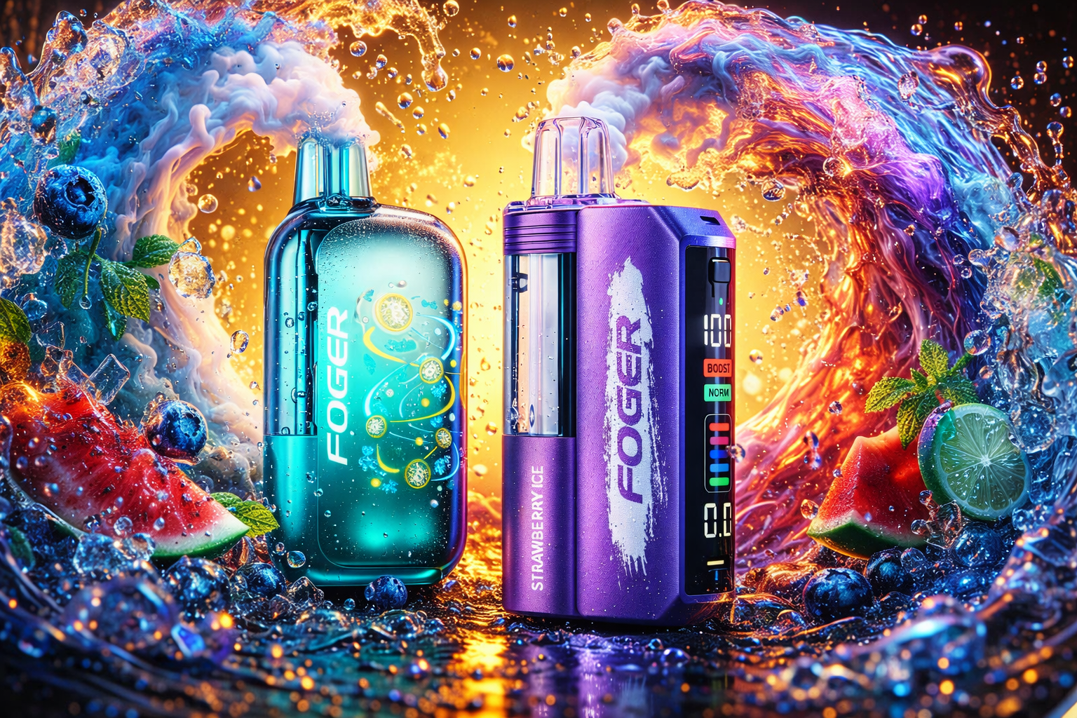 This vibrant image showcases two Foger vape devices, one metallic turquoise and one textured purple, standing side-by-side against a glowing golden background. Thick waves of multi-colored water and white vapor erupt from both mouthpieces, arching dramatically to frame the products. The scene is filled with splashes of fresh fruit, featuring juicy watermelon slices, a lime wheel, scattered blueberries, mint leaves, and glistening ice cubes.