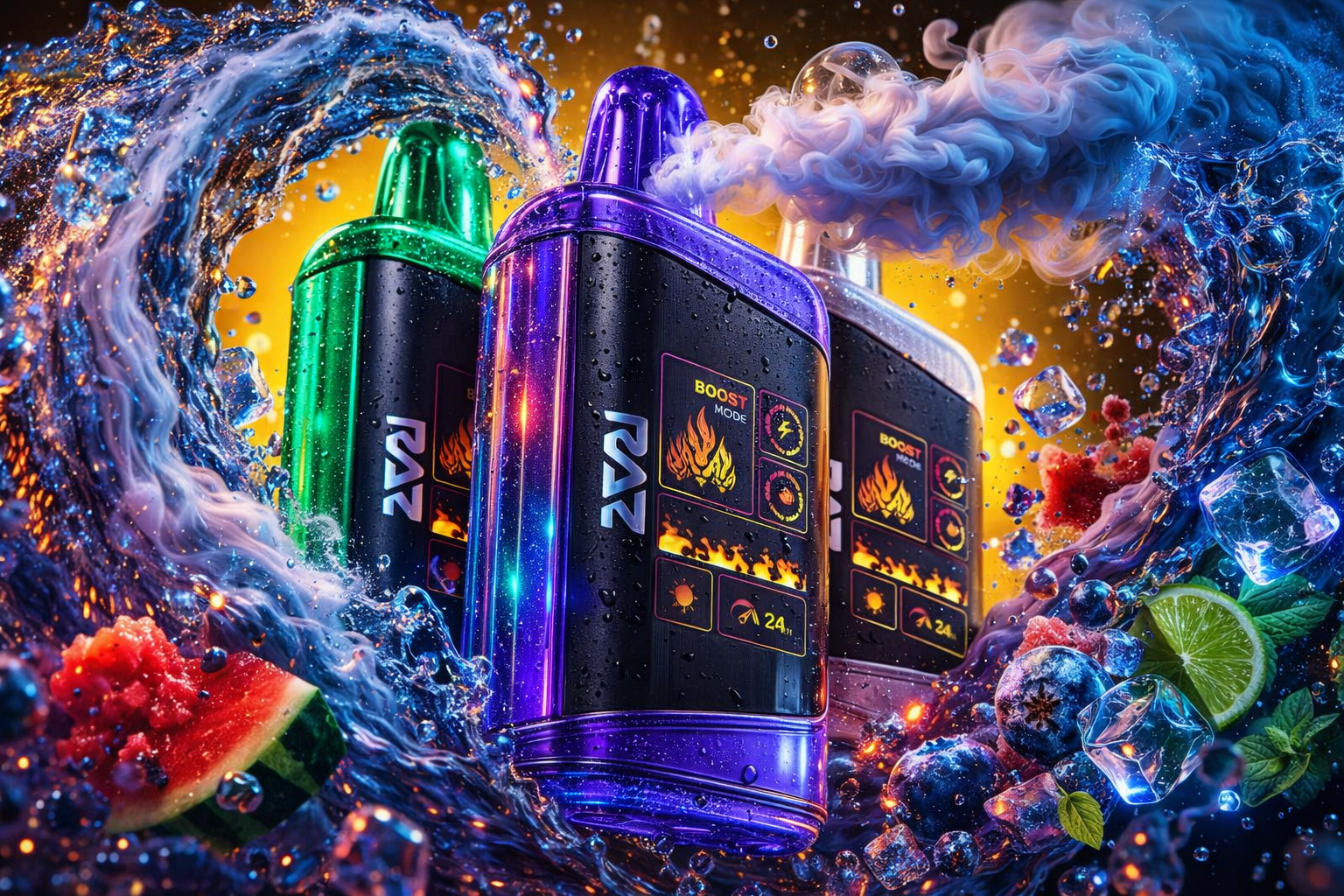 A dynamic product shot features three glossy 