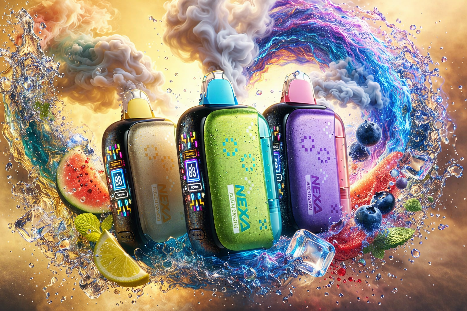 Three colorful NEXA disposable vapes are displayed in a dramatic scene surrounded by swirling smoke, splashing water, floating ice cubes, and fresh fruit elements like watermelon, lemon, and blueberries. The devices feature glowing digital-style details and glossy textures illuminated by vibrant neon lighting and energetic visual effects. Thick clouds of vapor and dynamic liquid motion create a futuristic atmosphere that highlights the bold flavors and premium design of the vape products.