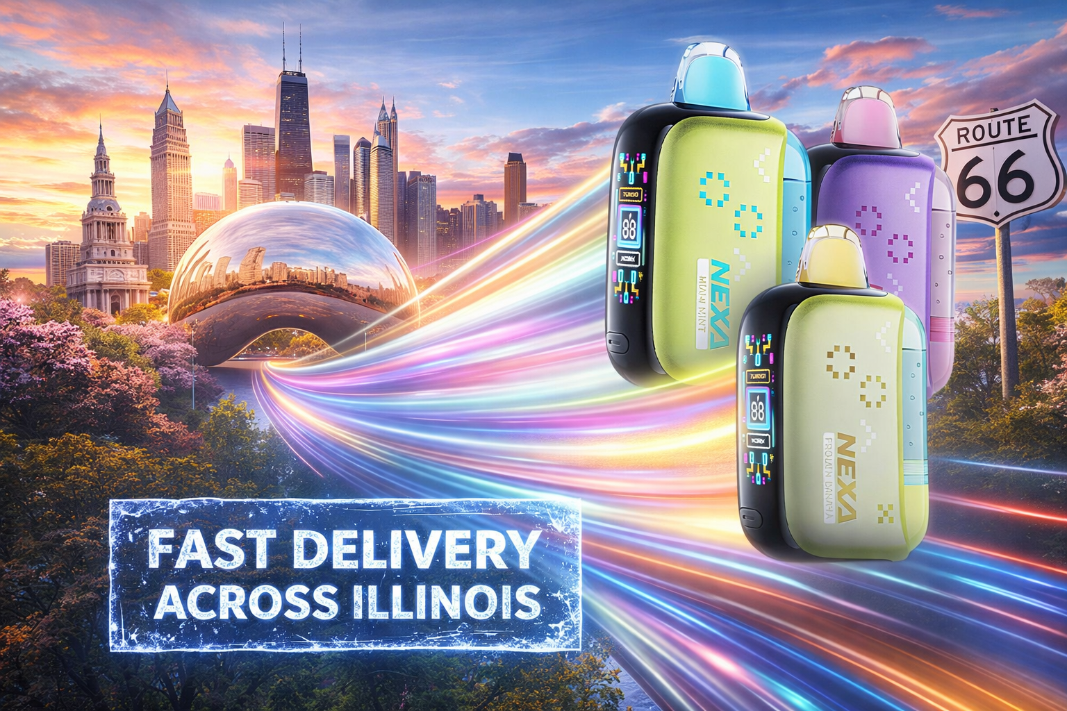 A colorful promotional image showcases several modern disposable vape devices flying along glowing energy trails through a futuristic Illinois-inspired landscape. The background features iconic Chicago landmarks, including Cloud Gate and the city skyline, alongside a Route 66 sign under a vibrant sunset sky. Bright neon light streaks and the message 