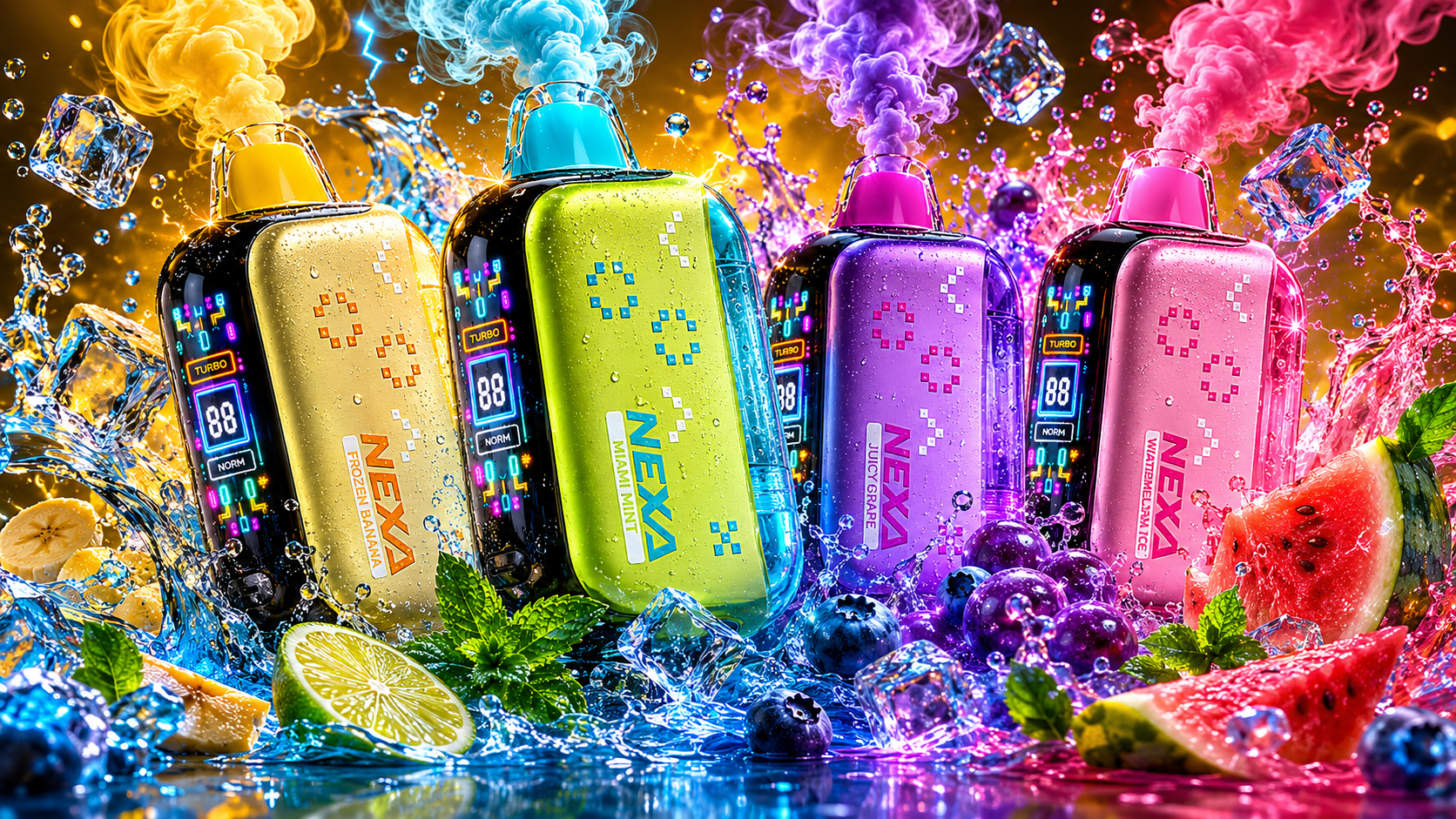 A colorful collection of NEXA disposable vapes stands in the center of explosive water splashes, floating ice cubes, fresh fruit, and thick neon smoke clouds in a cinematic high-energy scene. The glossy vape devices feature bright flavors like frozen banana, Miami mint, juicy grape, and watermelon ice, surrounded by blueberries, citrus slices, mint leaves, and glowing liquid effects. Vibrant pink, blue, purple, and yellow vapor swirls rise above each device, creating a futuristic luxury atmosphere filled with dynamic lighting and frozen motion details.