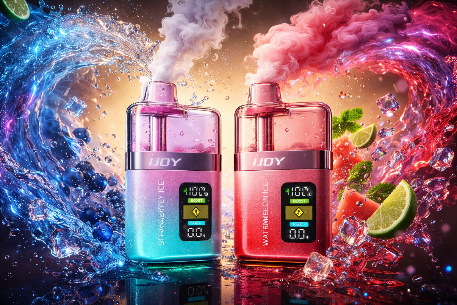 Two colorful disposable vape devices are surrounded by dramatic swirling smoke, glowing water splashes, floating ice cubes, and fresh fruit elements like lime and watermelon. The vibrant scene combines neon blue and pink liquid effects with cinematic lighting to create a futuristic and energetic atmosphere. The glossy vape devices feature digital displays and bold flavor-inspired visuals with detailed reflections and sparkling particles.