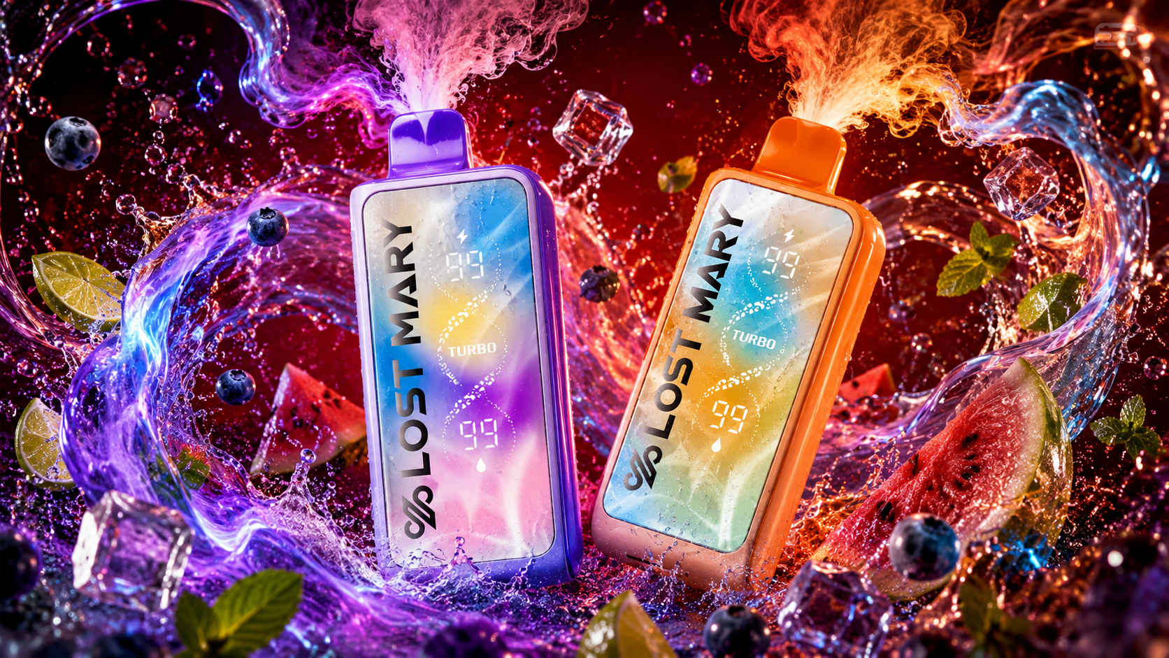 Two colorful Lost Mary Turbo disposable vapes stand in the center of a dramatic neon scene surrounded by swirling vapor, splashing water, ice cubes, and fresh fruit slices. Bright clouds of pink, purple, and orange smoke rise from the devices while blueberries, watermelon, mint leaves, and lime pieces explode around them in slow motion. The glossy vape devices feature glowing digital displays and futuristic lighting effects against a vibrant red and purple background.