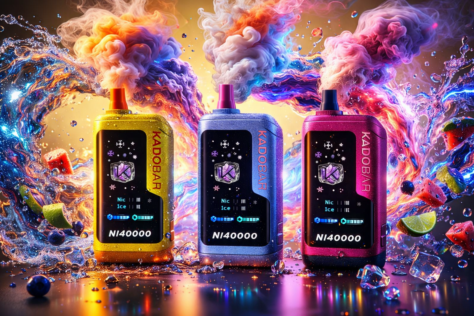 Colorful KADOBAR disposable vape devices with glowing digital screens stand surrounded by swirling neon smoke, frozen water splashes, floating ice cubes, and vibrant fruit pieces. The image features gold, silver, and pink vape devices with dramatic lighting, glossy reflections, and ultra-detailed textures that create a luxury futuristic advertisement style. Bright clouds of vapor and energetic cosmic waves fill the background, giving the scene a powerful high-end vape aesthetic with explosive flavor-inspired visuals.