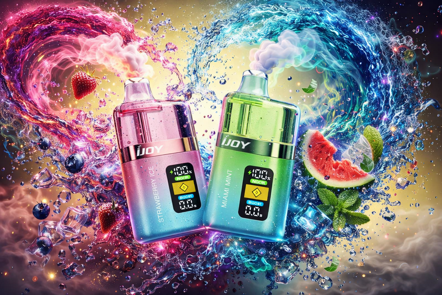 A vibrant promotional image featuring two colorful iJOY disposable vapes surrounded by swirling neon water splashes, glowing smoke, and sparkling cosmic effects. Fresh strawberries, blueberries, watermelon slices, mint leaves, and floating ice cubes highlight the fruity and icy flavor inspiration of the devices. The pink Strawberry Ice vape and green Miami Mint vape stand out with glossy finishes, water droplets, and futuristic lighting against an energetic fantasy-style background.