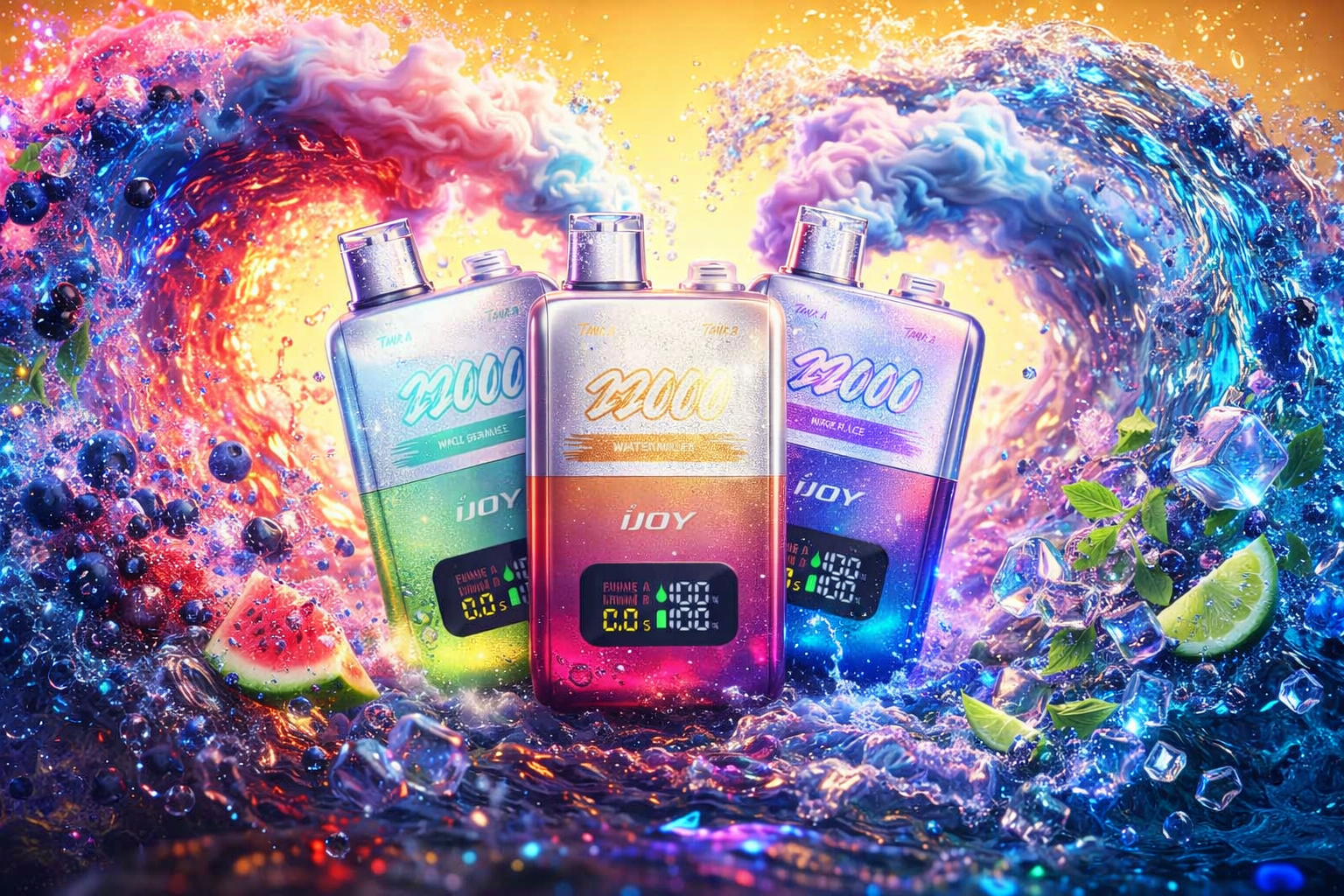 Colorful disposable vape devices displayed in a vibrant fantasy-style scene filled with swirling smoke, frozen water splashes, glowing ice cubes, and fresh fruit pieces. The image features premium iJoy vape products surrounded by blueberries, watermelon slices, lime wedges, and neon vapor effects that highlight fruity and icy flavor profiles. Bright cinematic lighting, reflective textures, and dynamic vapor waves create a futuristic luxury vape advertisement with intense visual energy.