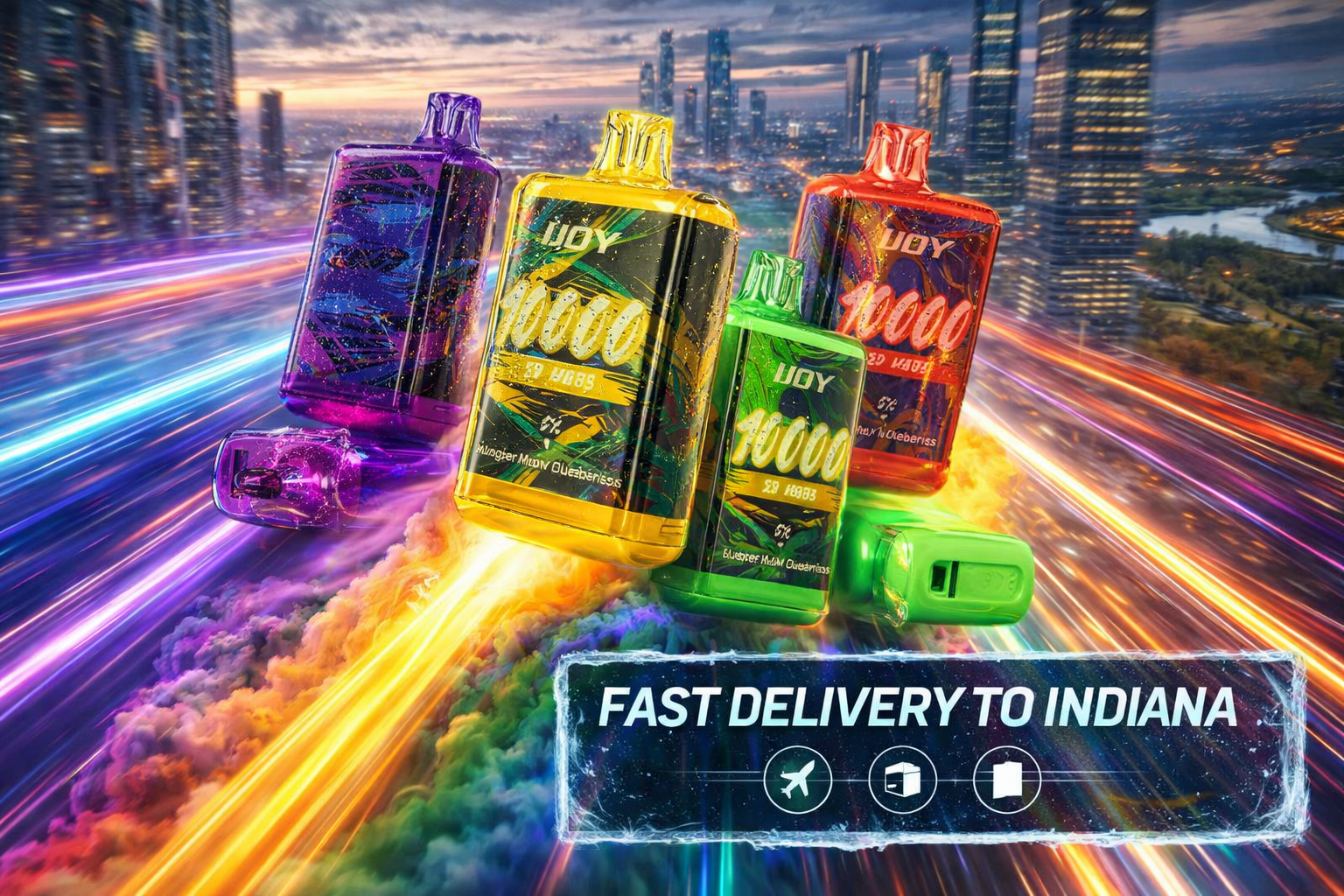 A dynamic promotional image features several colorful disposable vape devices racing through a futuristic cityscape above vibrant clouds and glowing energy trails. Bright streaks of light, dramatic motion effects, and sparkling reflections create a sense of speed, innovation, and premium delivery service. The banner text 