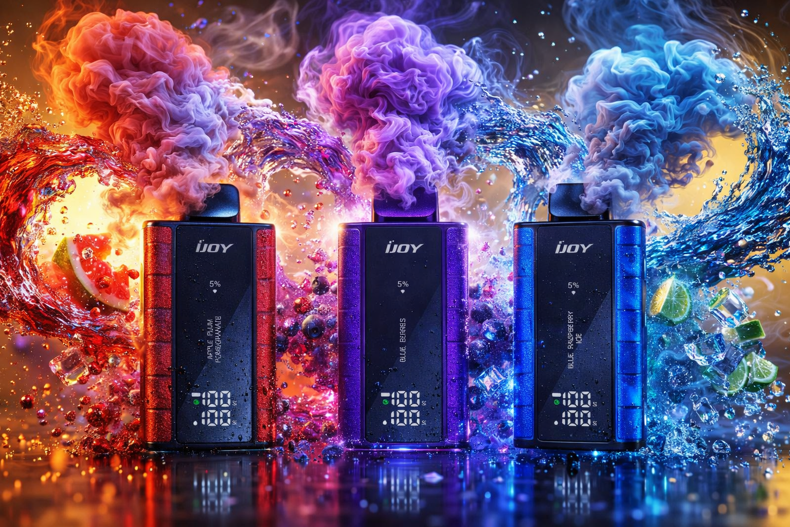 Three colorful iJoy vape devices stand in a dramatic scene surrounded by swirling clouds of vibrant vapor, splashing water, floating ice cubes, and fresh fruit pieces. The red, purple, and blue disposable vapes feature glowing displays and futuristic designs, creating an energetic premium vape advertisement aesthetic. Watermelon, berries, and lime accents combined with neon lighting and dense smoke effects emphasize the bold flavor experience of each device.