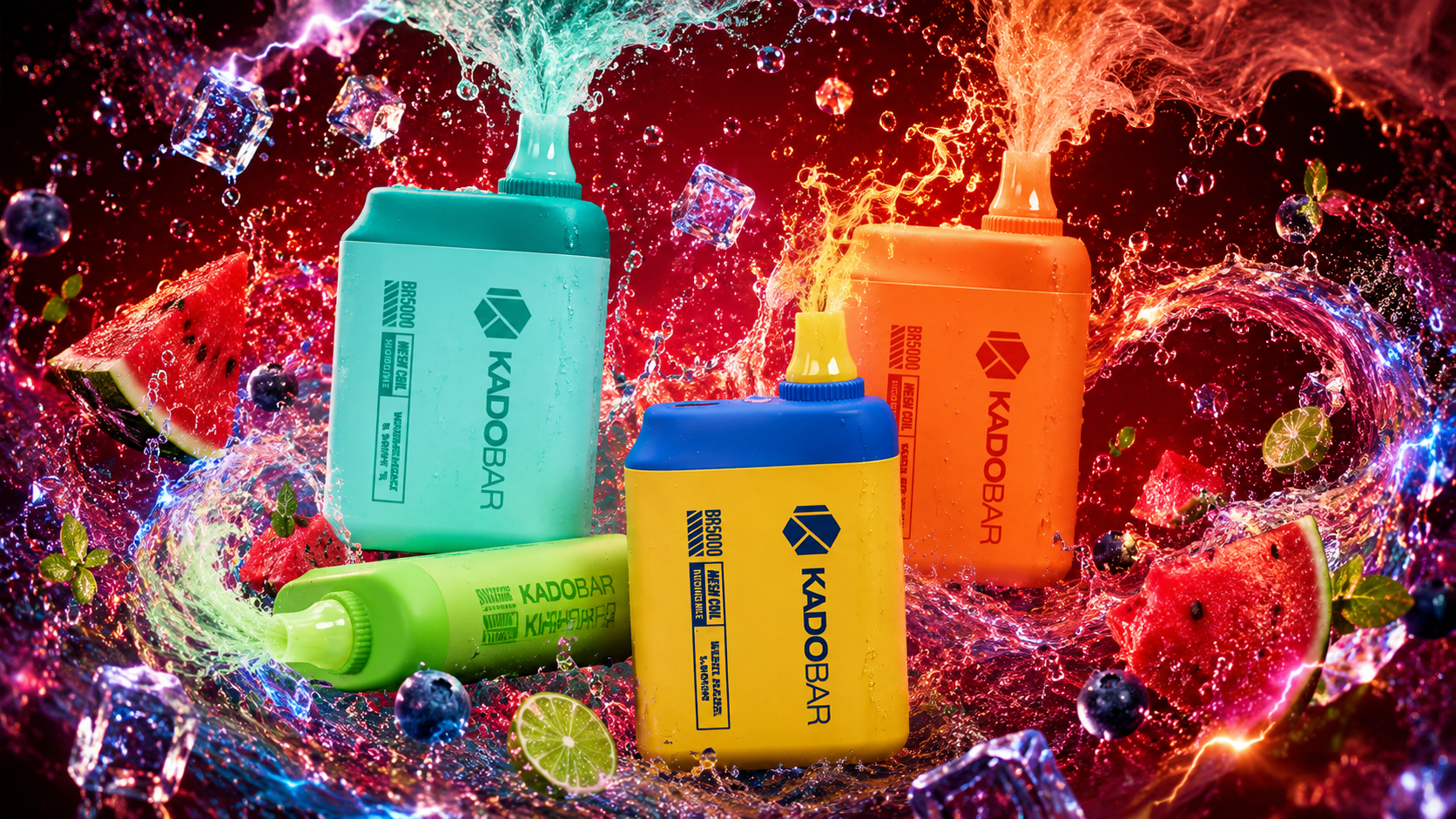 A colorful promotional image showcasing multiple Kado Bar disposable vapes in bright green, turquoise, yellow, and orange designs surrounded by explosive splashes of liquid and glowing vapor clouds. The scene features floating ice cubes, juicy watermelon slices, blueberries, lime wedges, and mint leaves, creating a refreshing fruit-and-ice flavor atmosphere. Neon lighting, dynamic water effects, and vibrant smoke streams give the image an energetic, futuristic look perfect for a premium vape advertisement.
