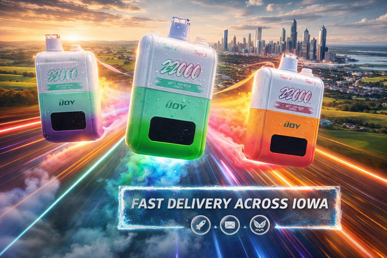A vibrant promotional image features three colorful disposable vape devices floating above glowing multicolored energy trails that stretch across the Iowa landscape. In the background, a modern city skyline rises above rolling fields under a warm sunset sky, creating a blend of technology and regional scenery. The banner reading 