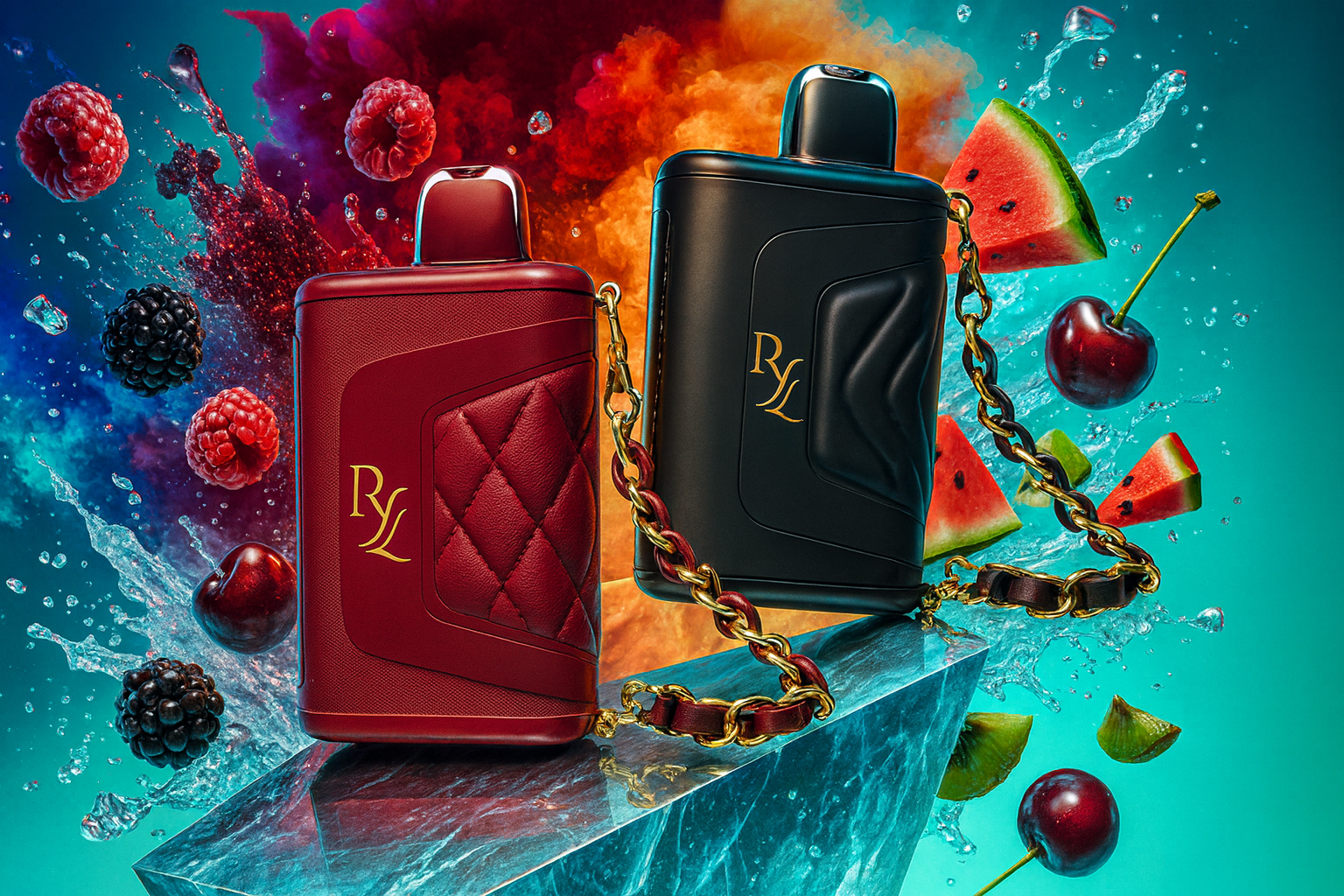 This image showcases two luxury disposable vapes designed to look like high-end handbags, featuring quilted textures, gold 