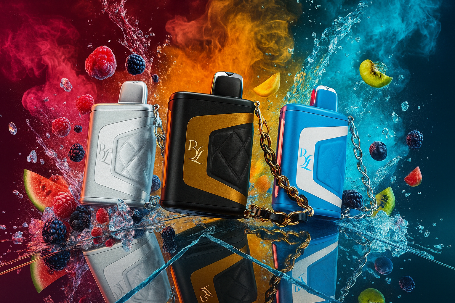 Three elegant vape devices in silver, black-and-gold, and blue are arranged on a reflective surface amidst a dramatic explosion of colorful smoke and water. The devices are accented with quilted panels and silver or gold chains, surrounded by flying pieces of fresh watermelon, berries, and kiwi.